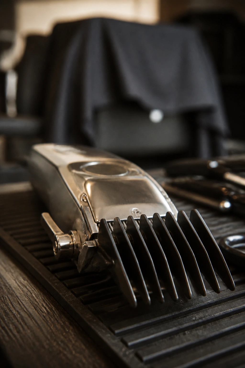 Close-up of clippers with guard on barber station