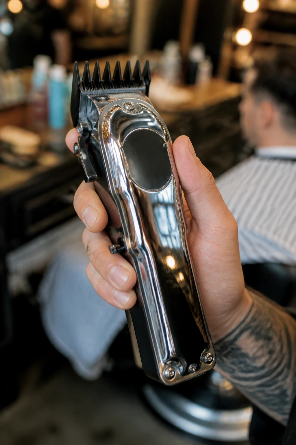 Close-up of barber's hand holding clippers with guards in a salon.