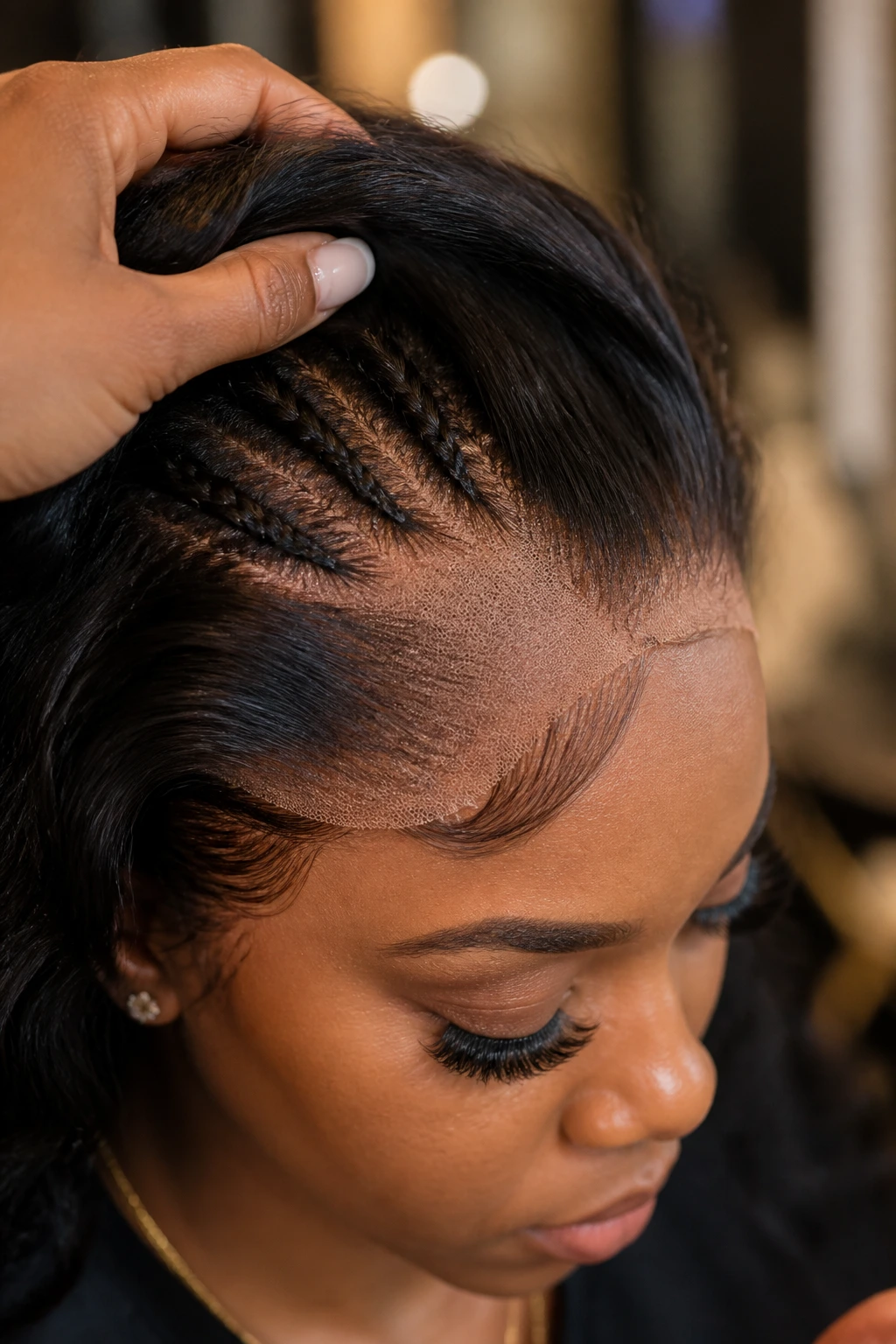 Close-up of lace closure base along the hairline on a real person