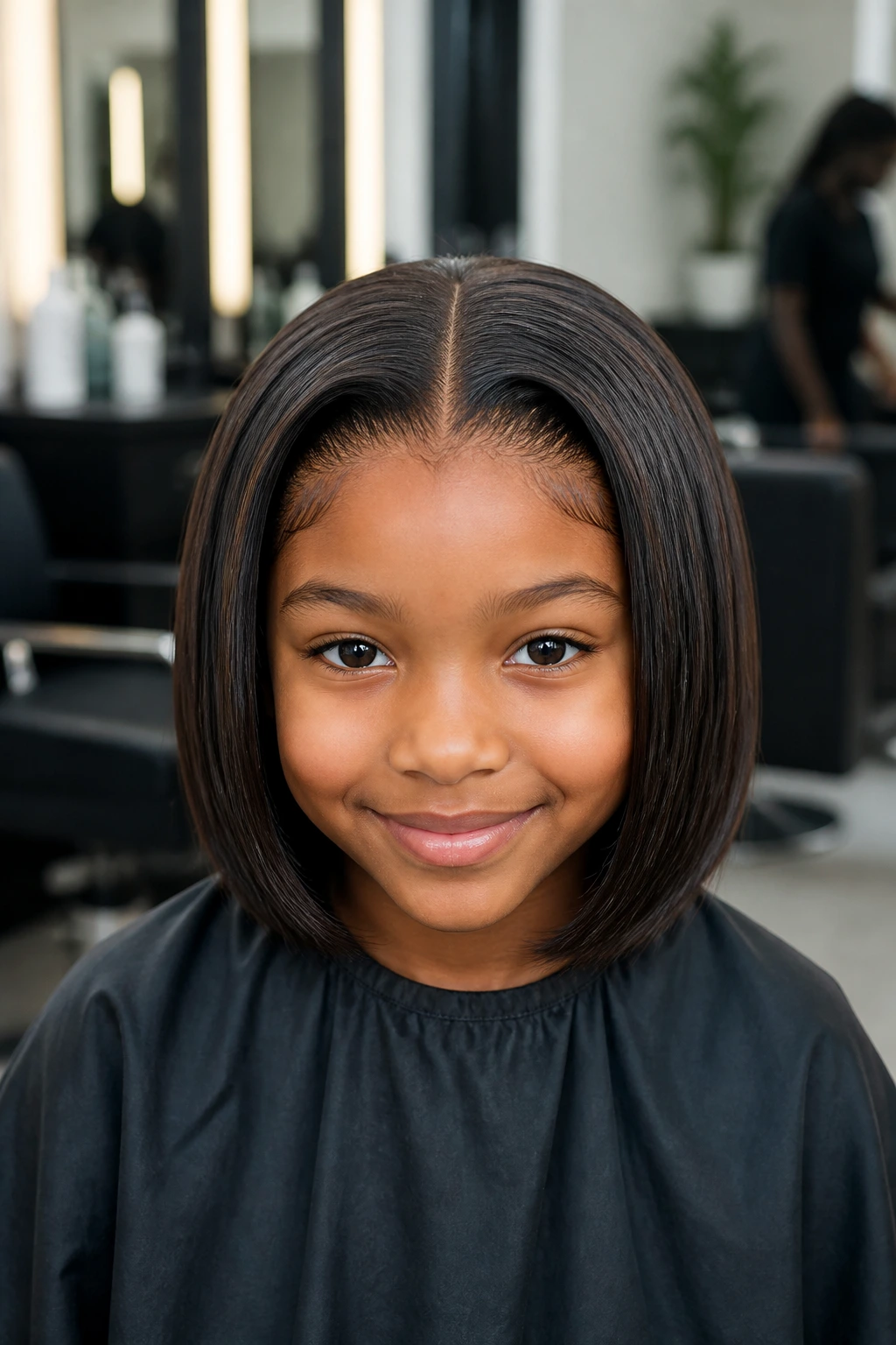 Real child with neat closure bob showing balanced density and crown