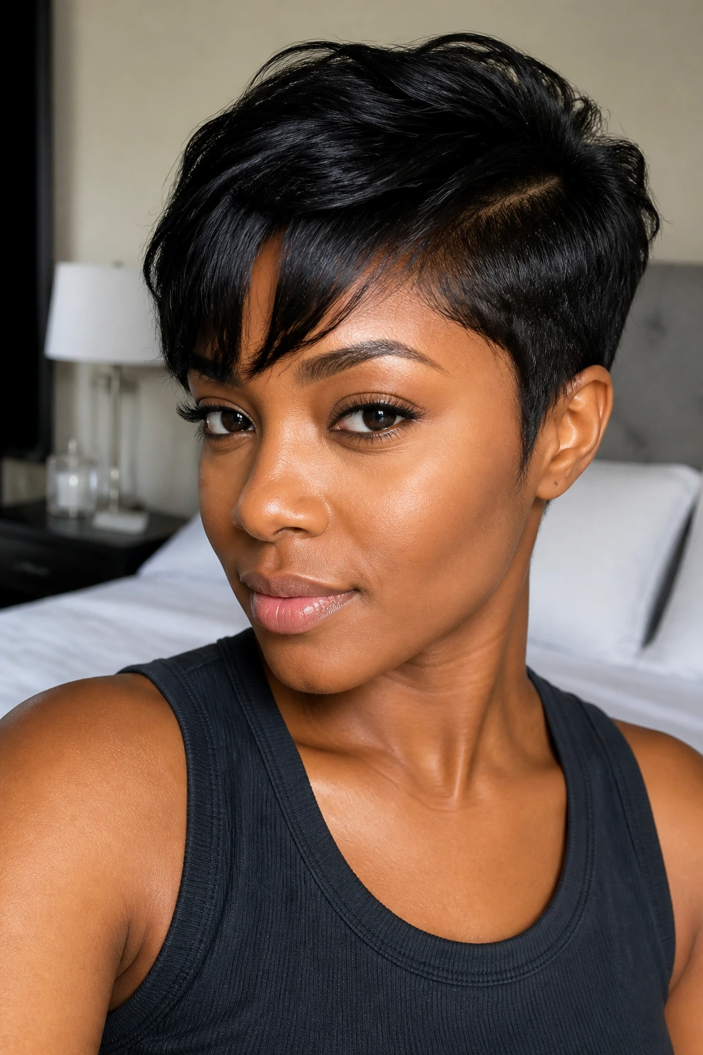 Close-up of a real woman with a closure pixie sew-in, feathered sides and lifted crown