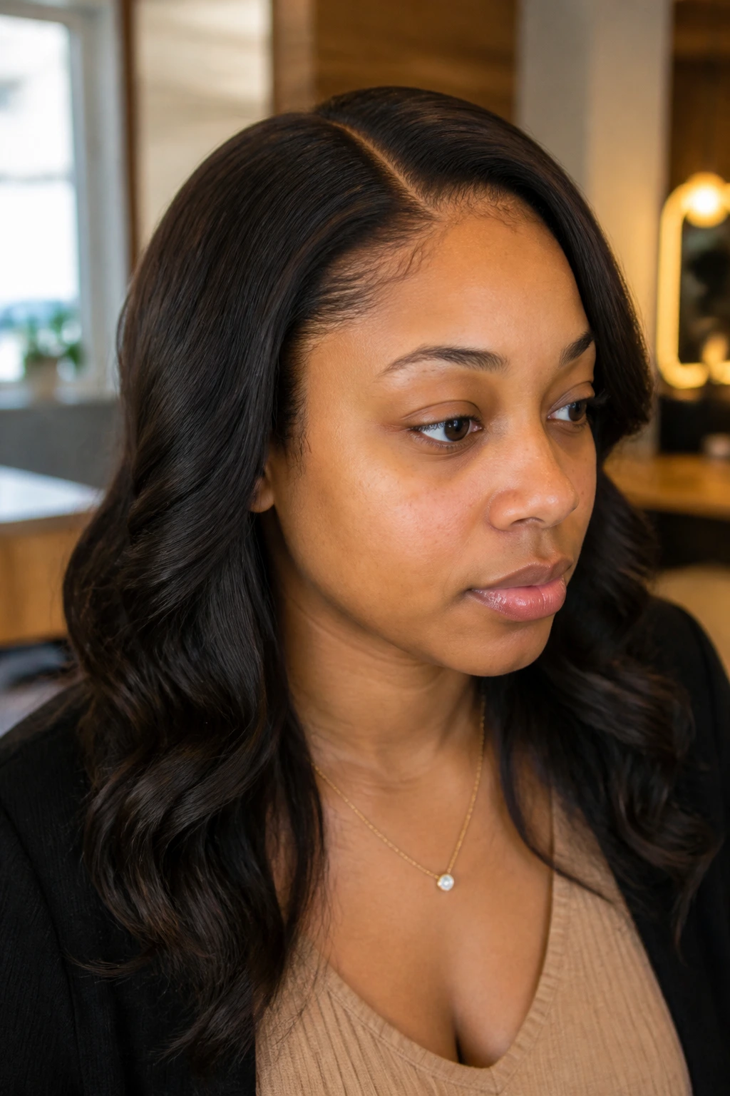 Close-up of a real woman wearing a seamless closure sew-in with neat front blend