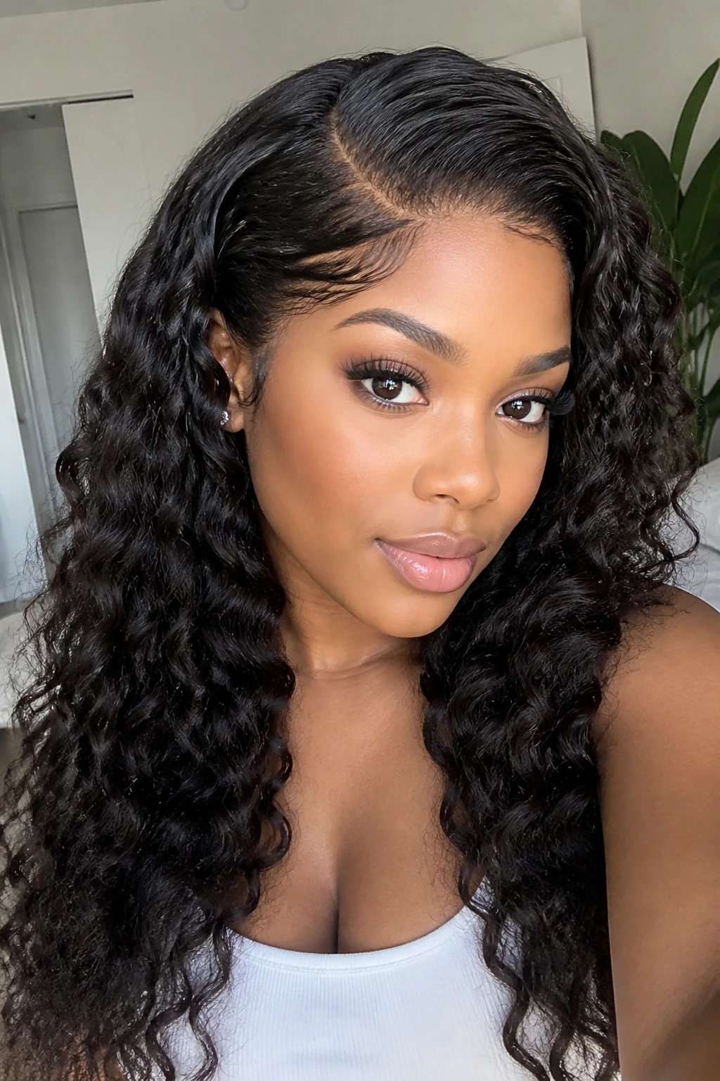 Close-up of a real person with a deep-part closure wig