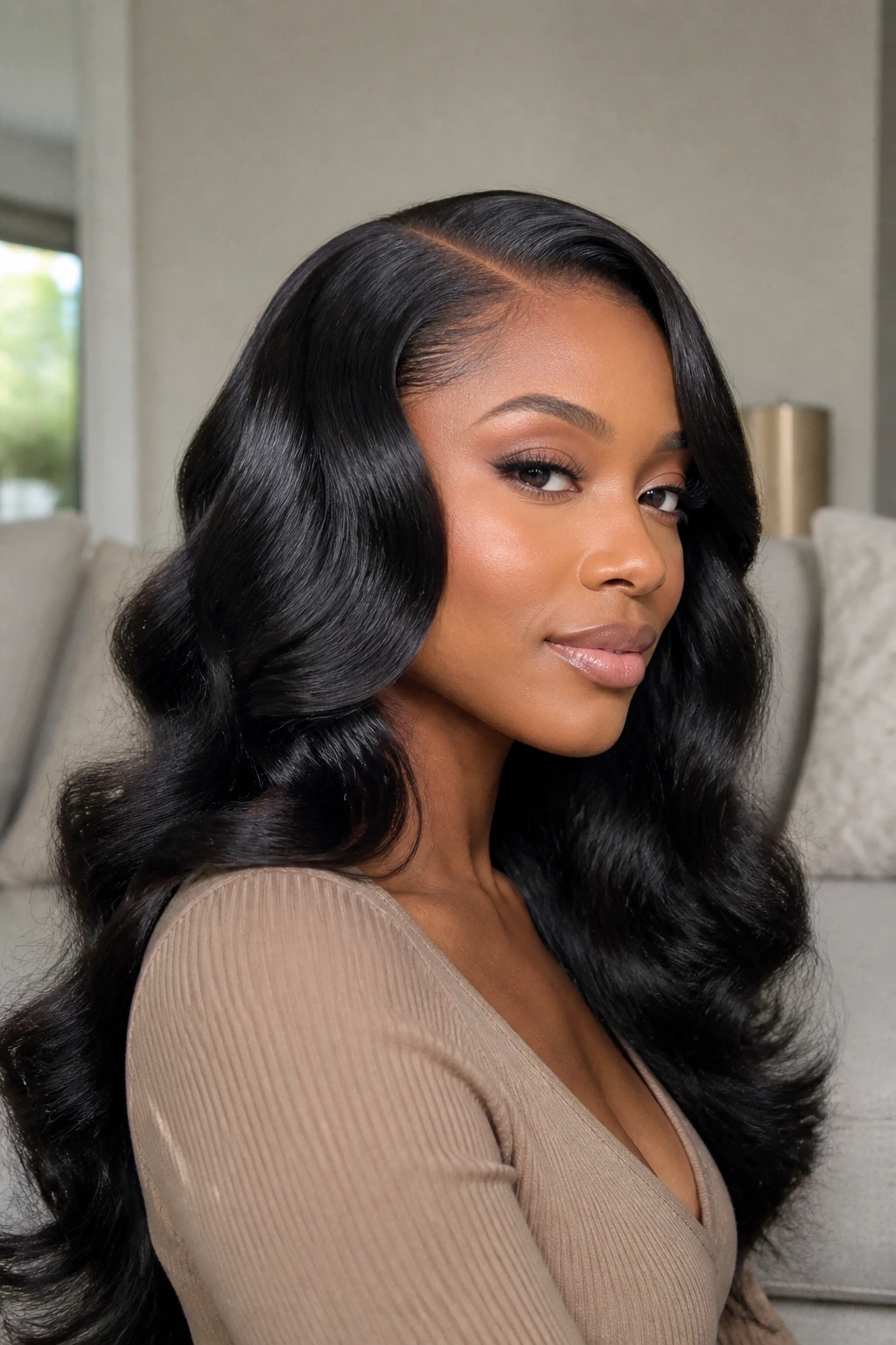 Close-up portrait of a real person wearing a closure wig with glossy S-curves