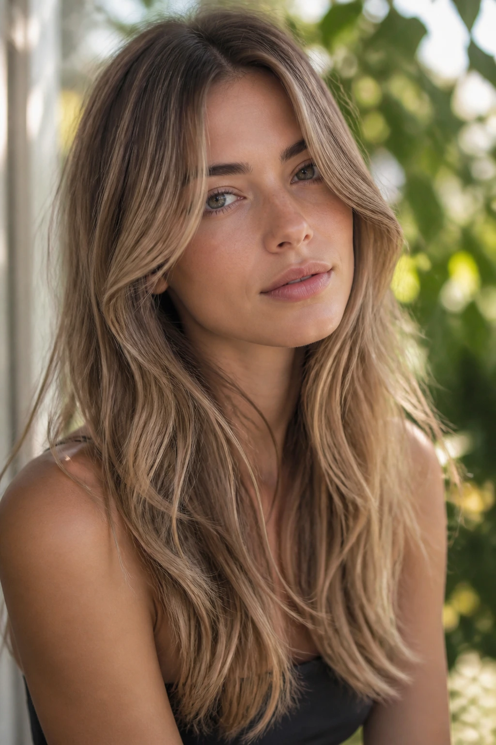 Close-up of long layered hair with cloud balayage caramel in a sunlit setting