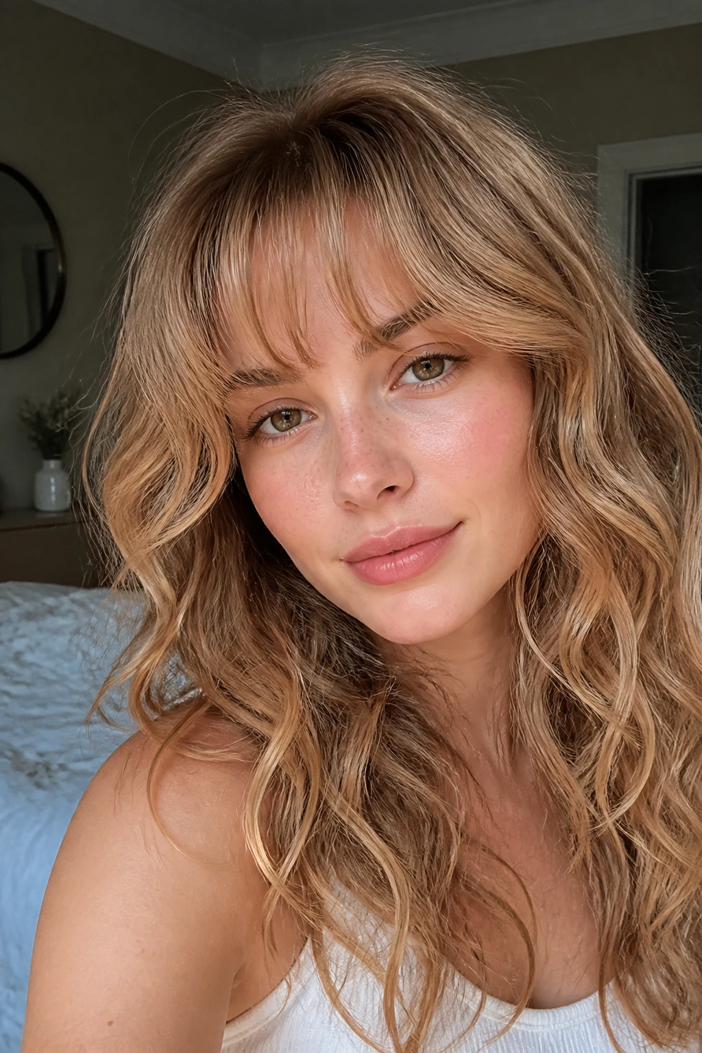 Close-up of a real woman with airy cloud bangs in a softly lit bedroom