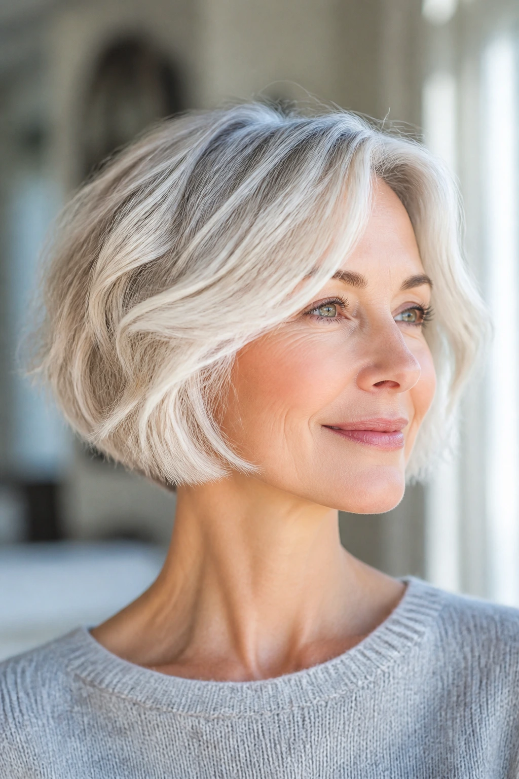 Close-up of a real woman with a chin-length cloud bob and babylights.