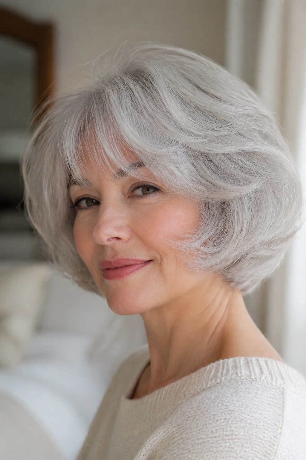 Close-up of a woman with a soft rounded cloud bob in natural light