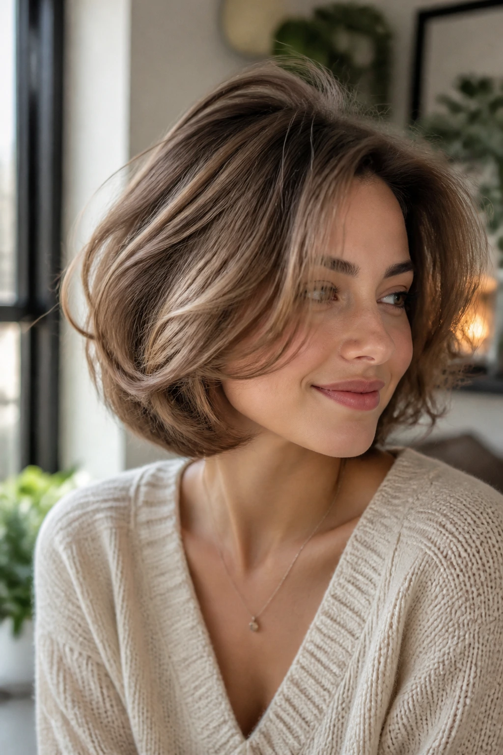 Close-up of a real woman with Cloud Bob with Rounded Volume, rounded crown and soft volume
