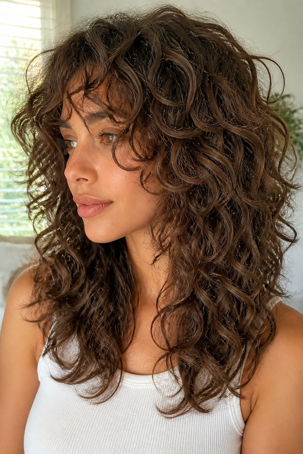 Portrait of a real woman with curly hair showing cloud layers and a soft perimeter.