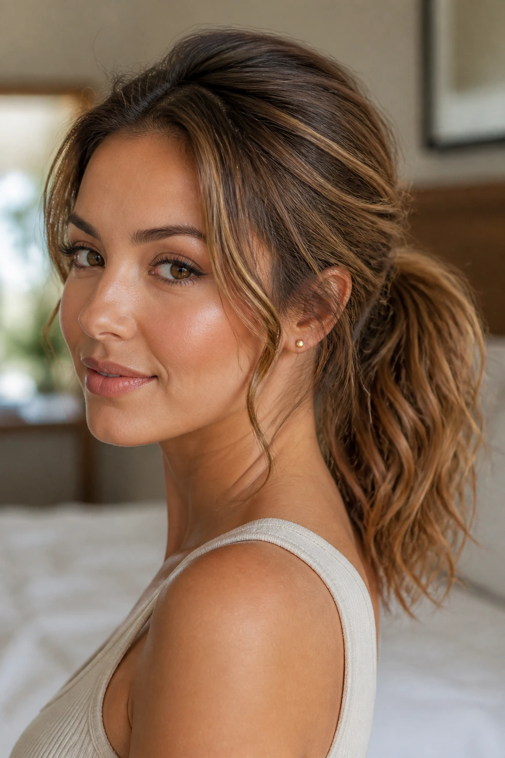 Close-up of a real woman with a cloud-textured mid-low ponytail in warm bedroom light