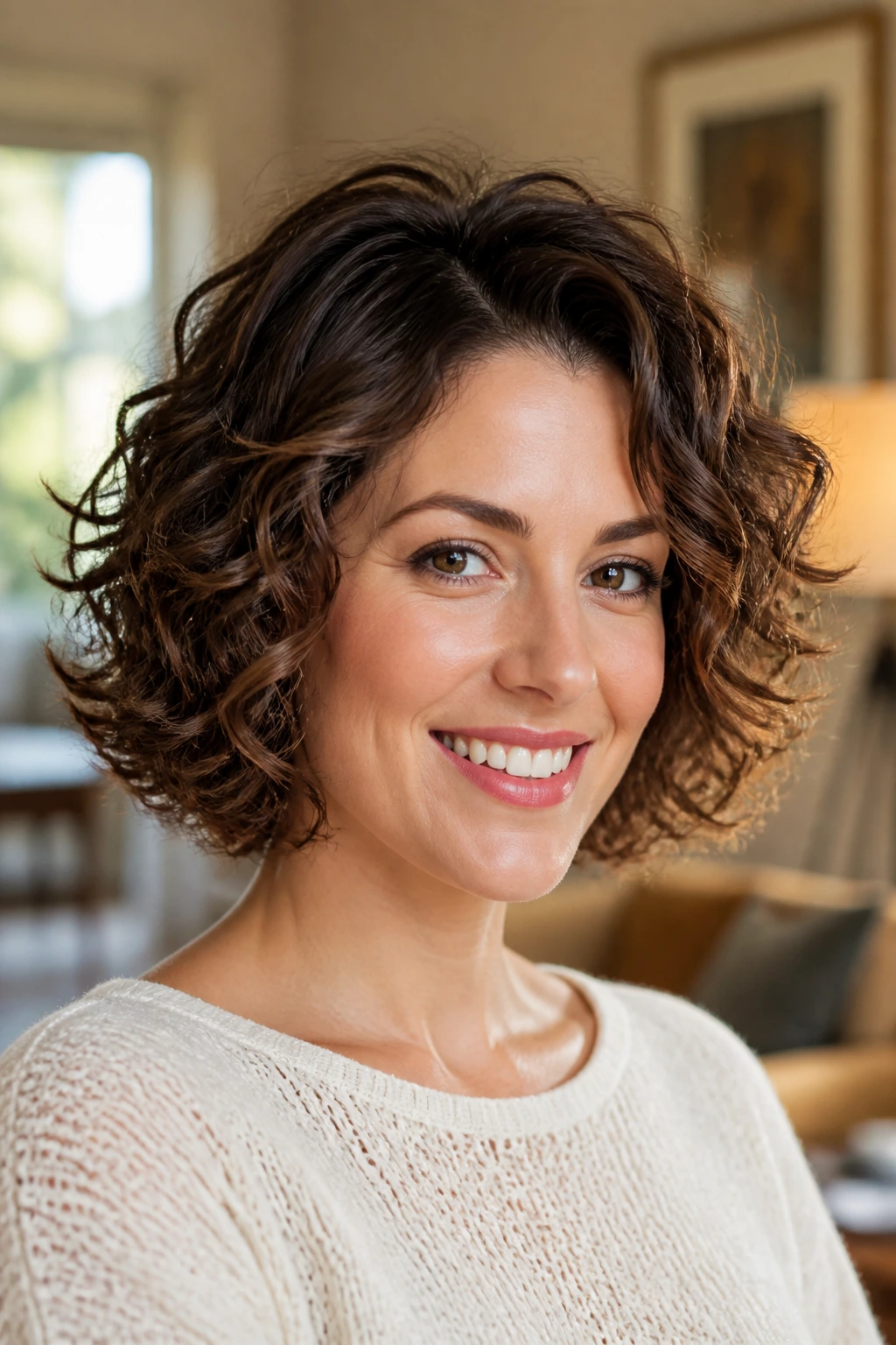 Close-up of a real woman with a cloud-volume bob and flipped ends.