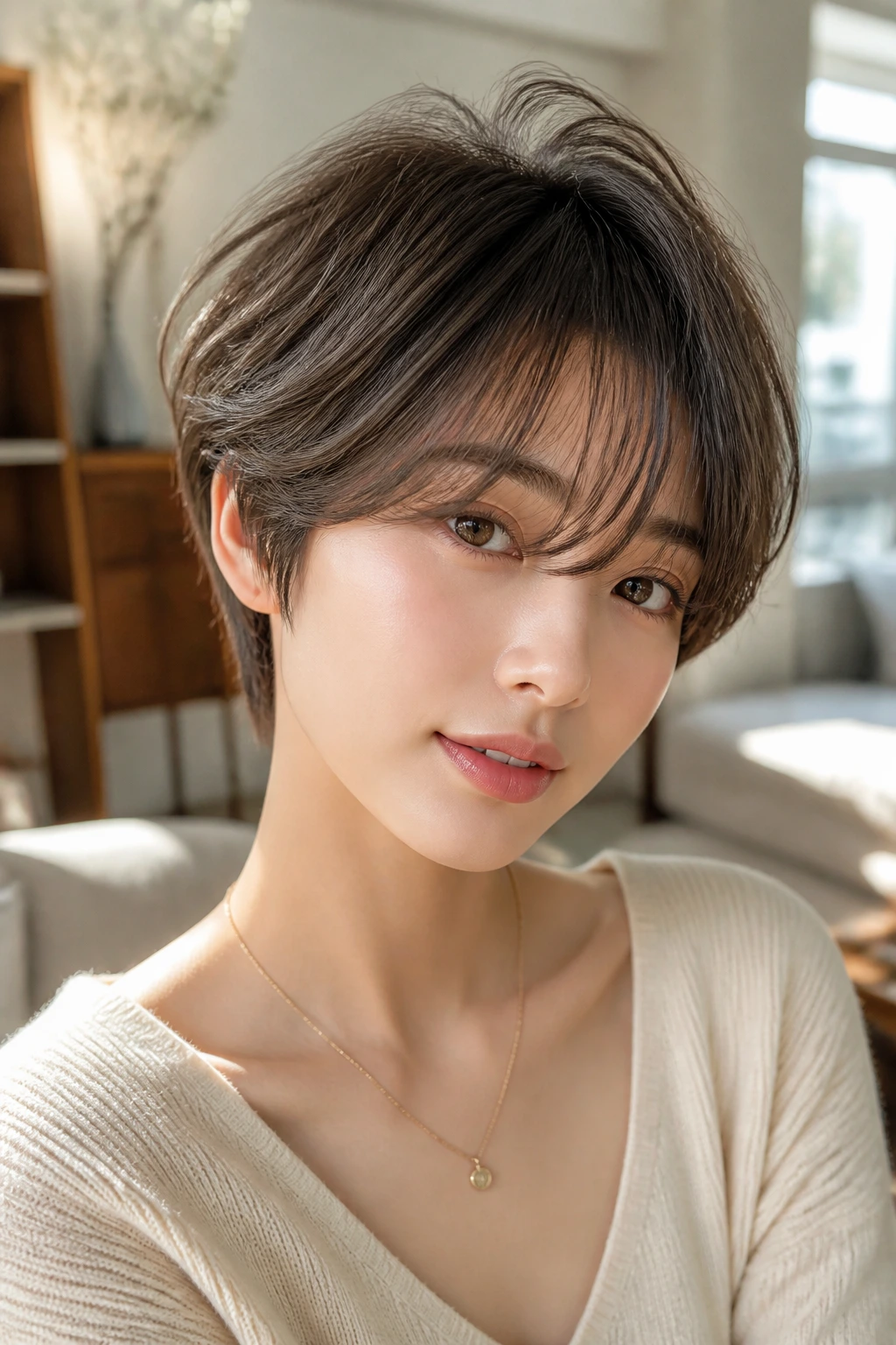 Portrait of a person with cloud-volume pixie and long bangs, sunlit living room