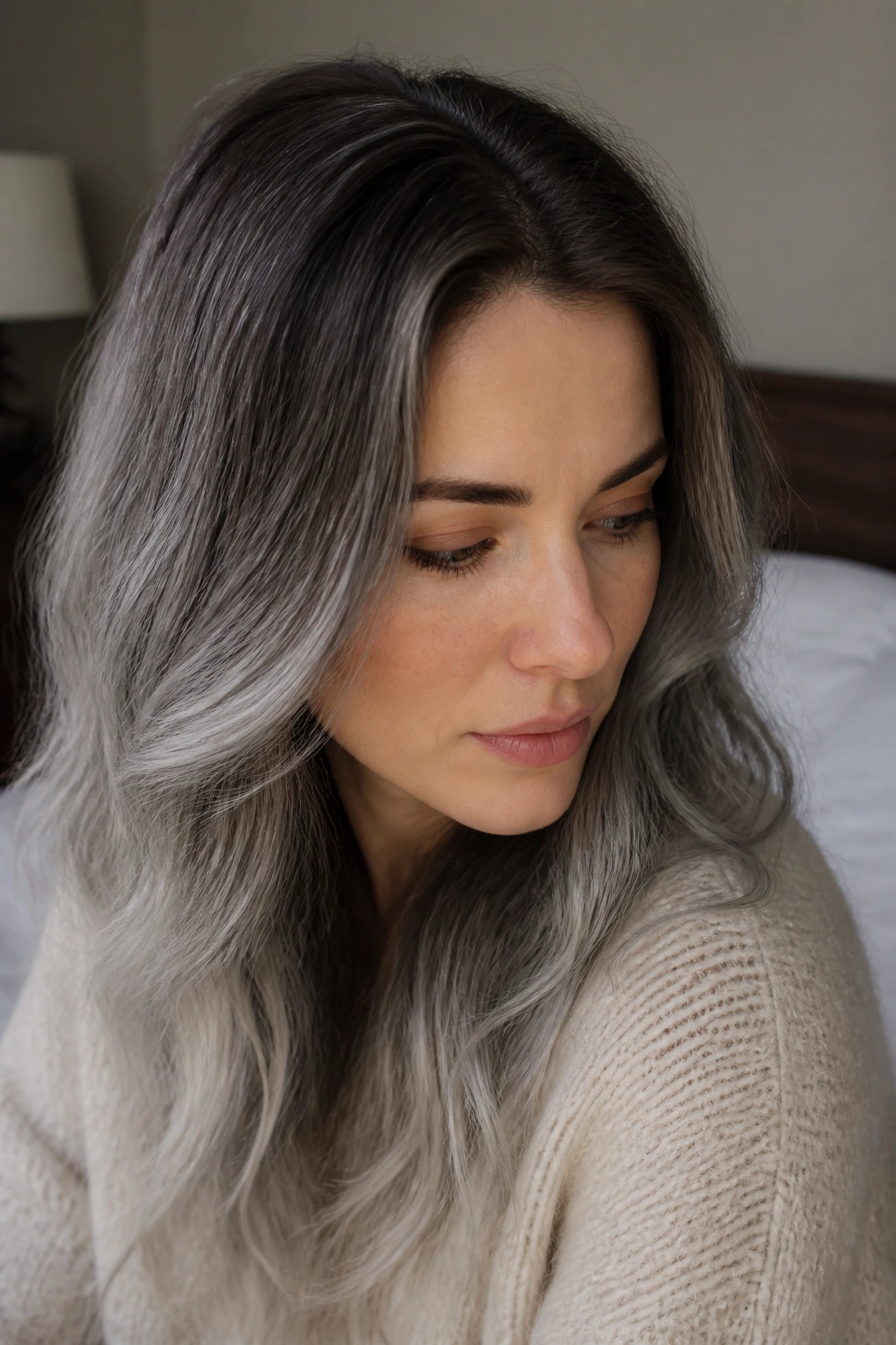 Close-up portrait of a woman with clouded root grey hair