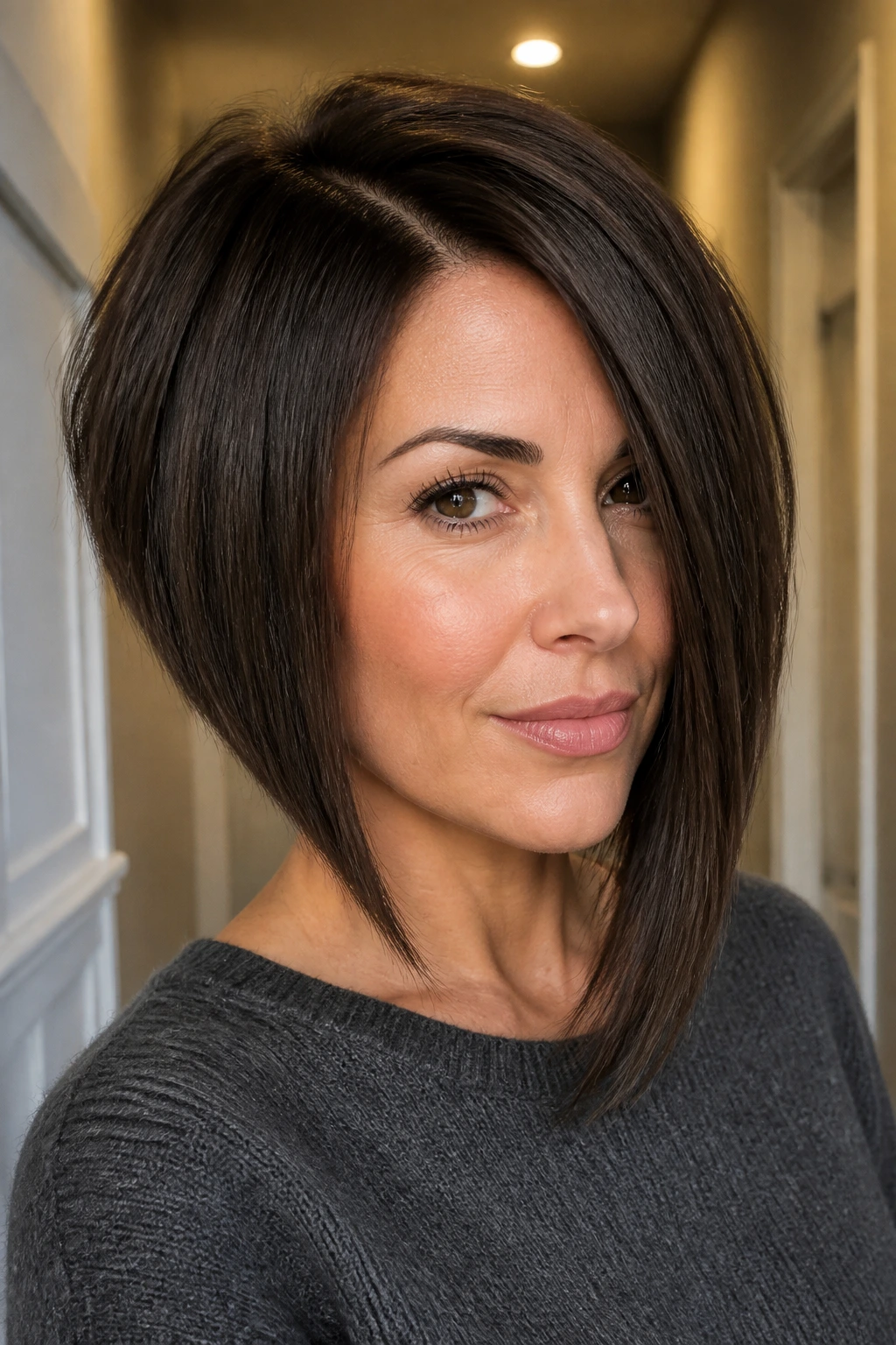 Close-up of a real woman with a coarse-hair long inverted bob in soft indoor light
