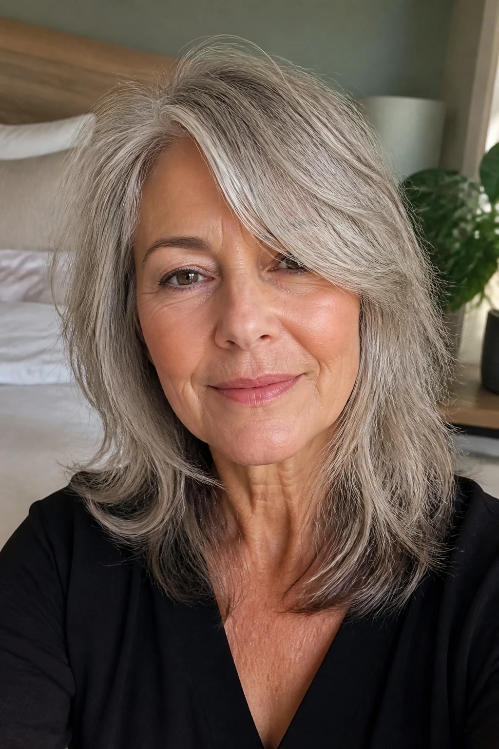 Close-up portrait of a real woman with coarse-hair shag