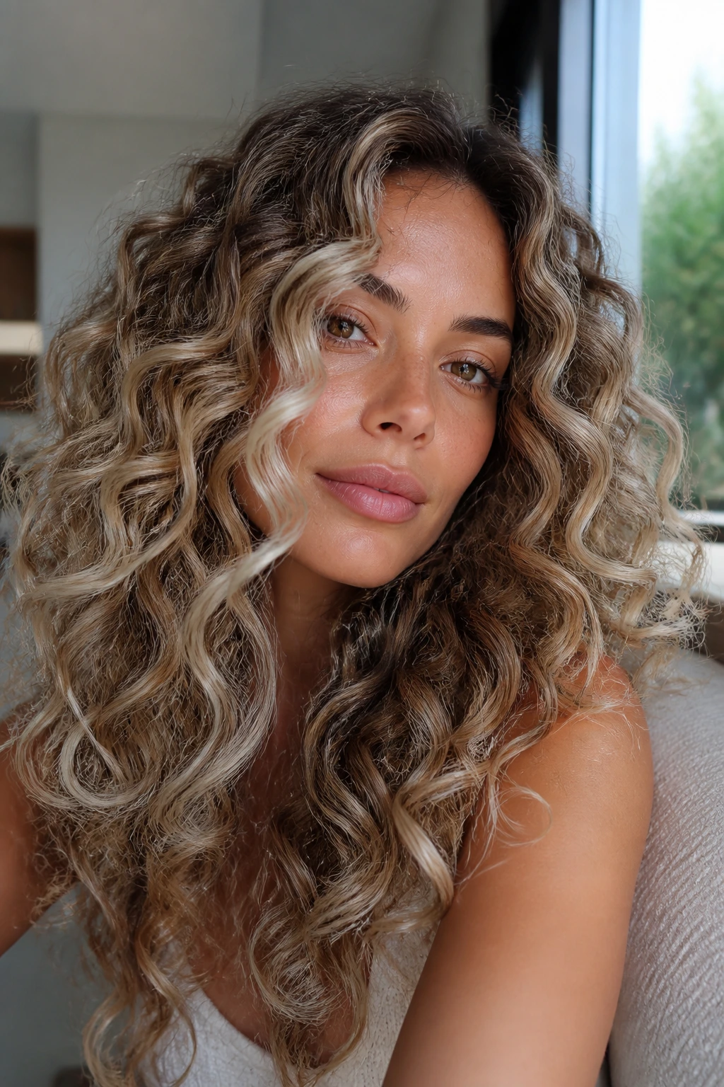 Close-up of a real person with curly hair displaying coastal foilyage brightness on tan skin