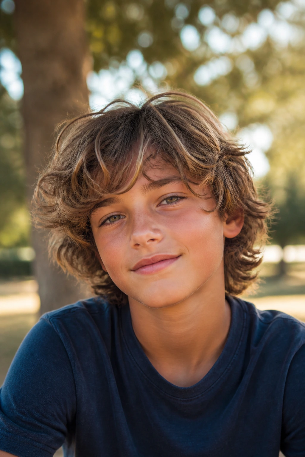 Portrait of a real boy with messy coastal layers and natural wave texture