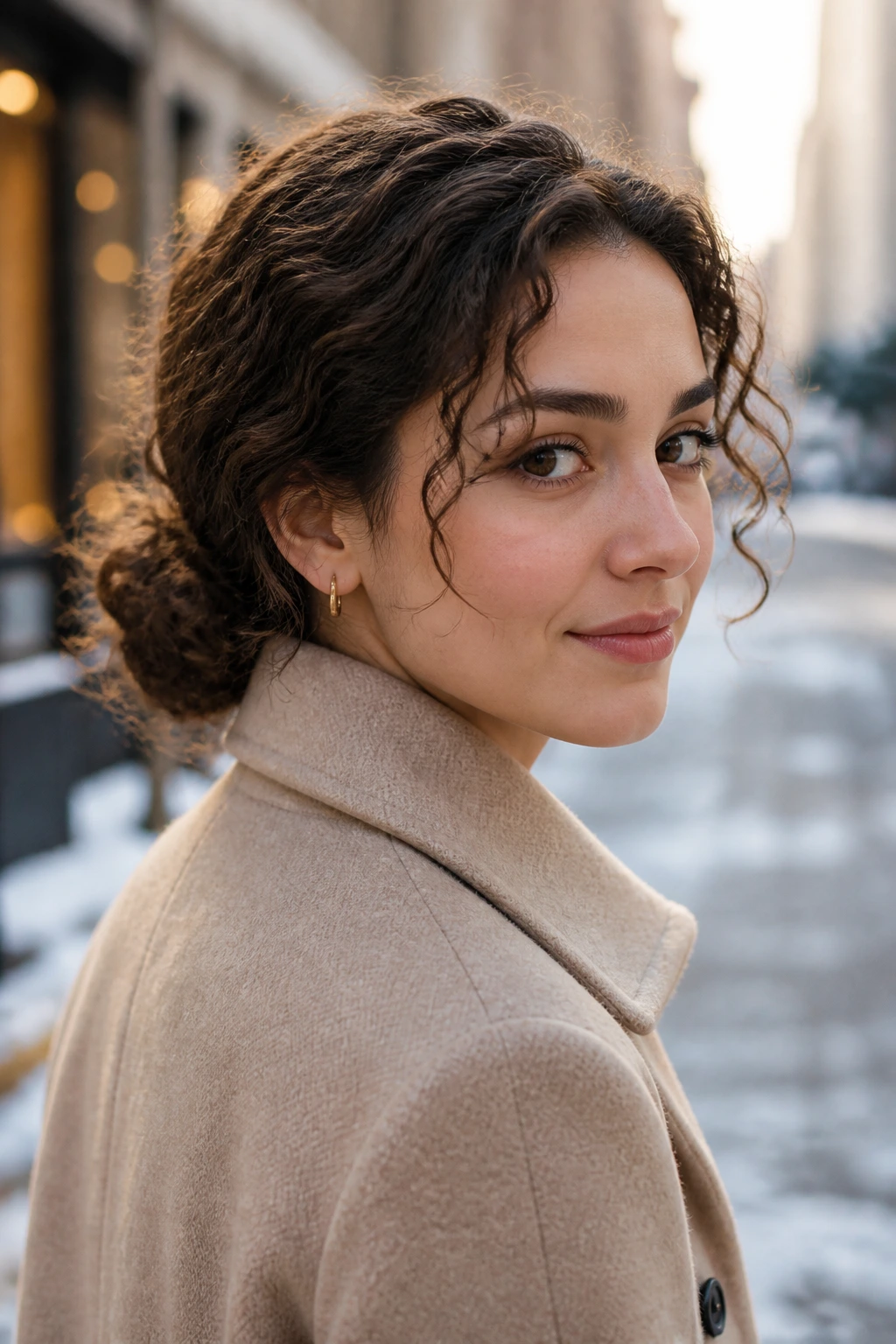Woman with a low bun above the coat collar in winter street setting