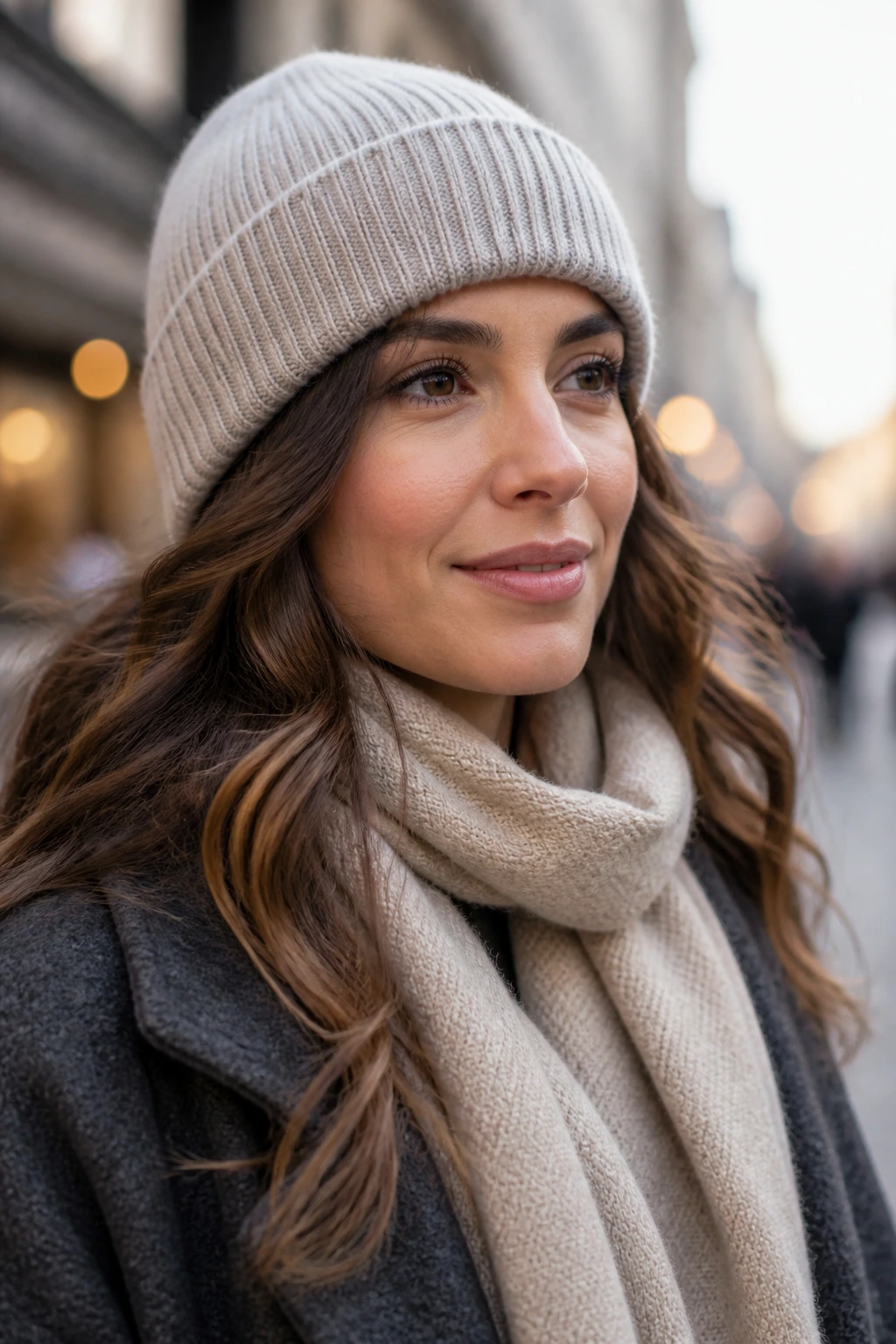 Portrait of a woman wearing a hat and scarf with a tucked winter hairstyle