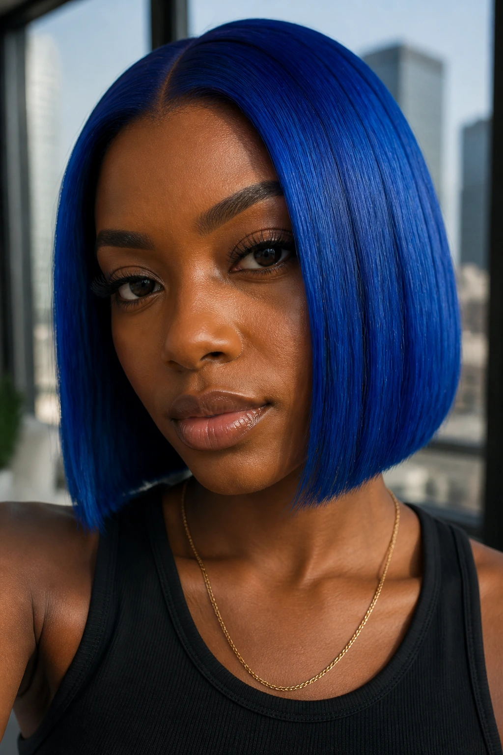 Close-up of a real person with cobalt blue glossy hair in a bright window-lit setting