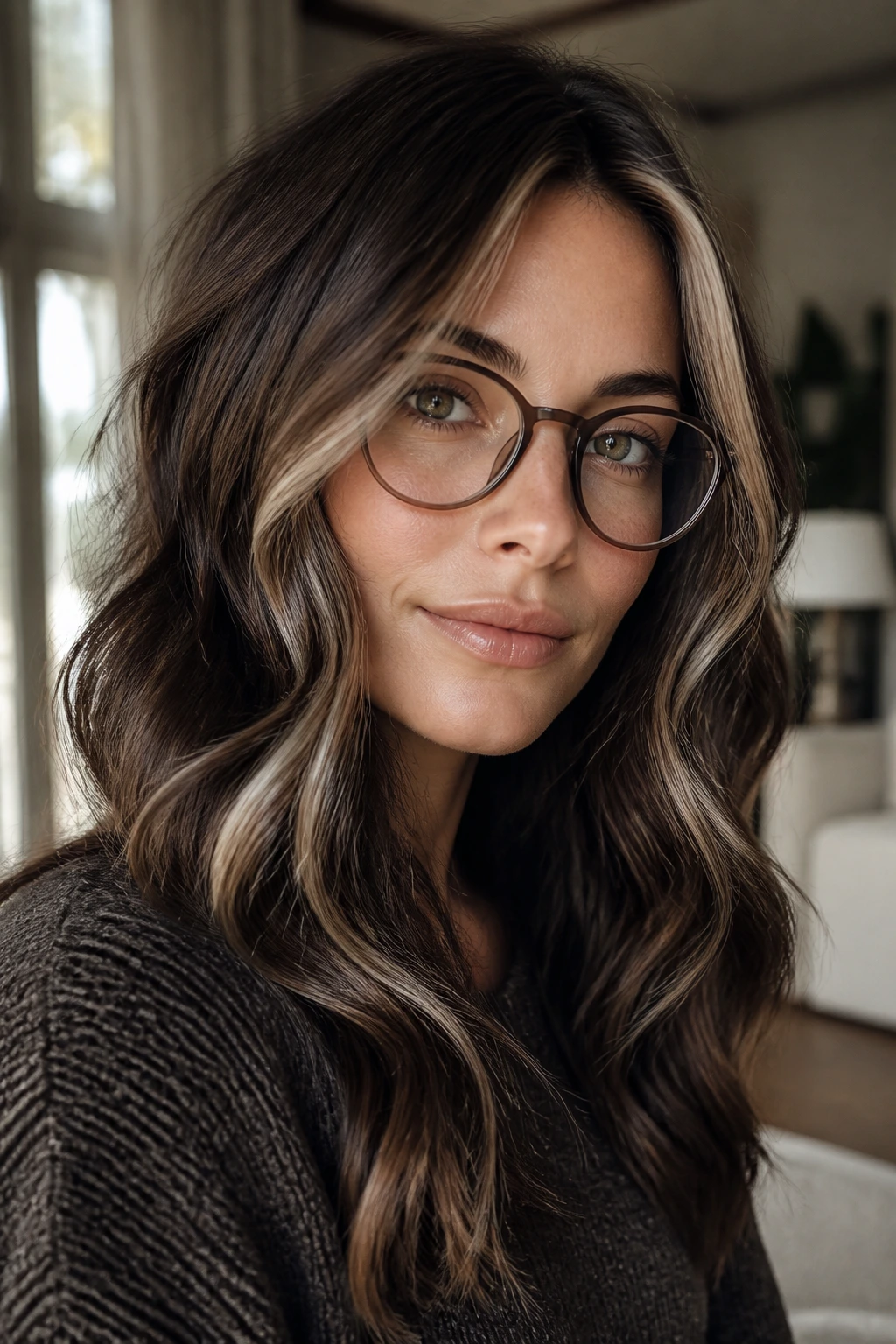 Close-up of a real person with cocoa ash hair and face framing lighter ribbons.