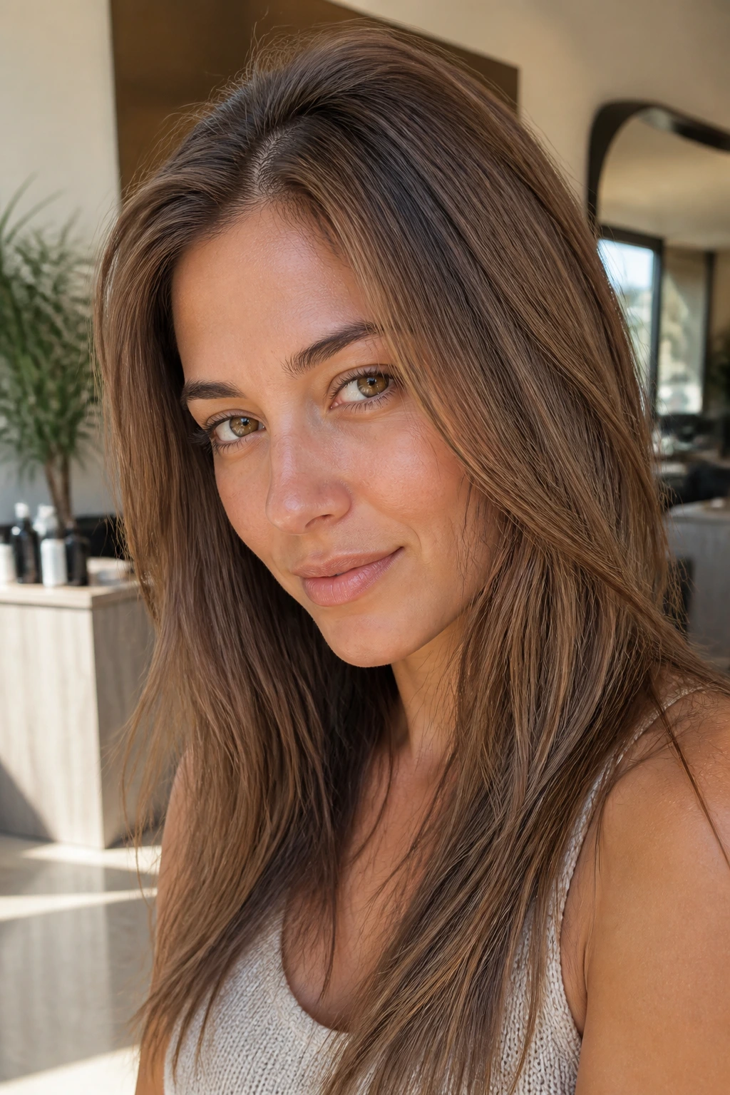 Close-up of a real woman with cocoa babylights on fine hair