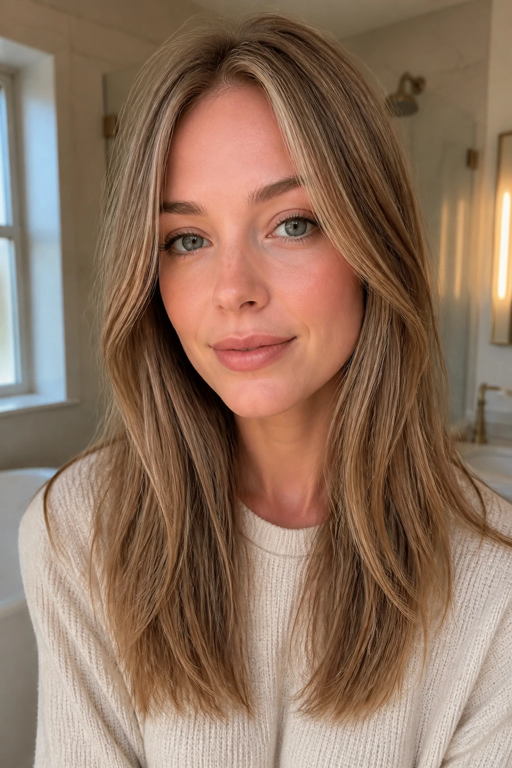 Close-up portrait of a real woman with cocoa babylights on fine fair hair, soft shimmer