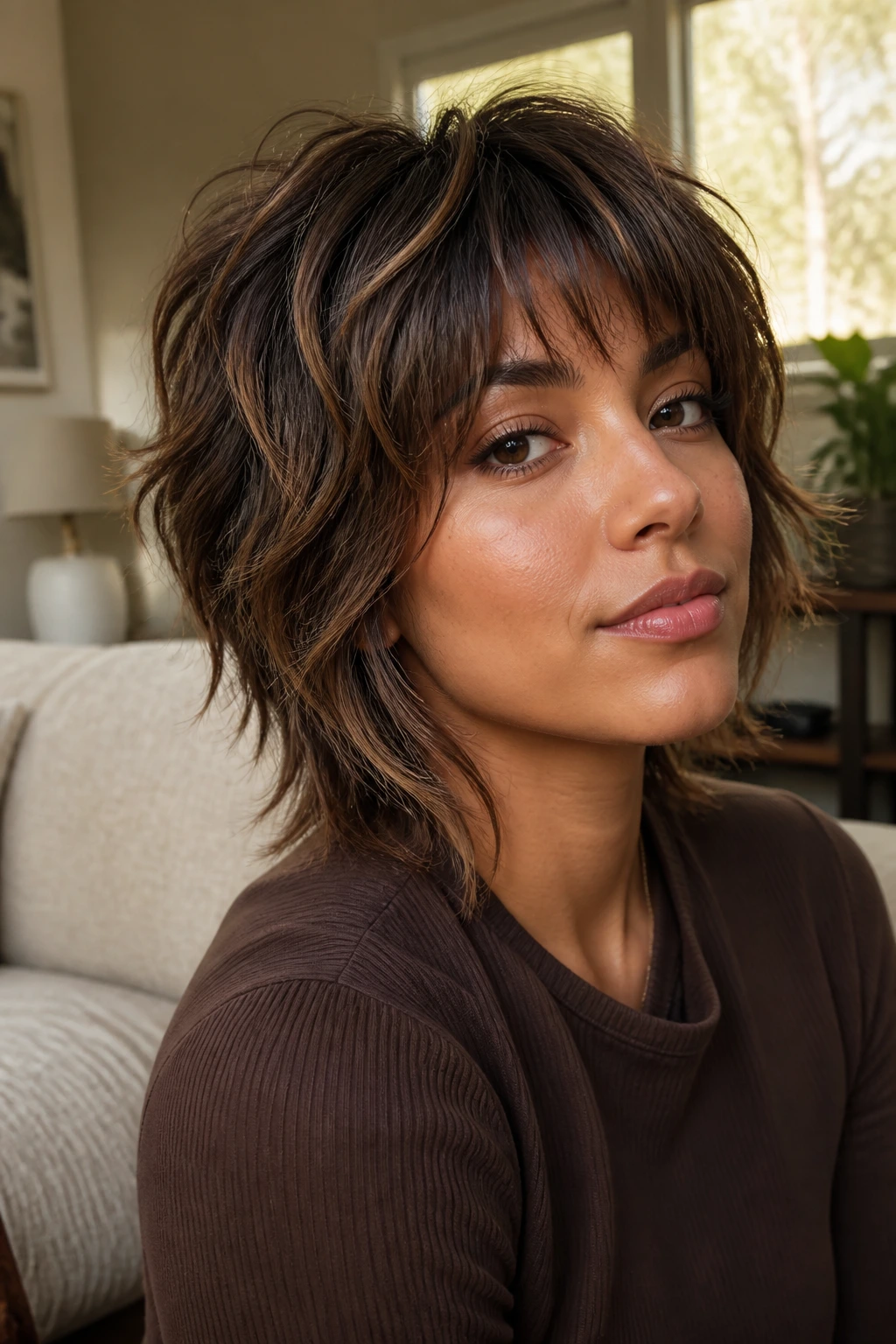 Close-up portrait of cocoa balayage on a short wolf cut