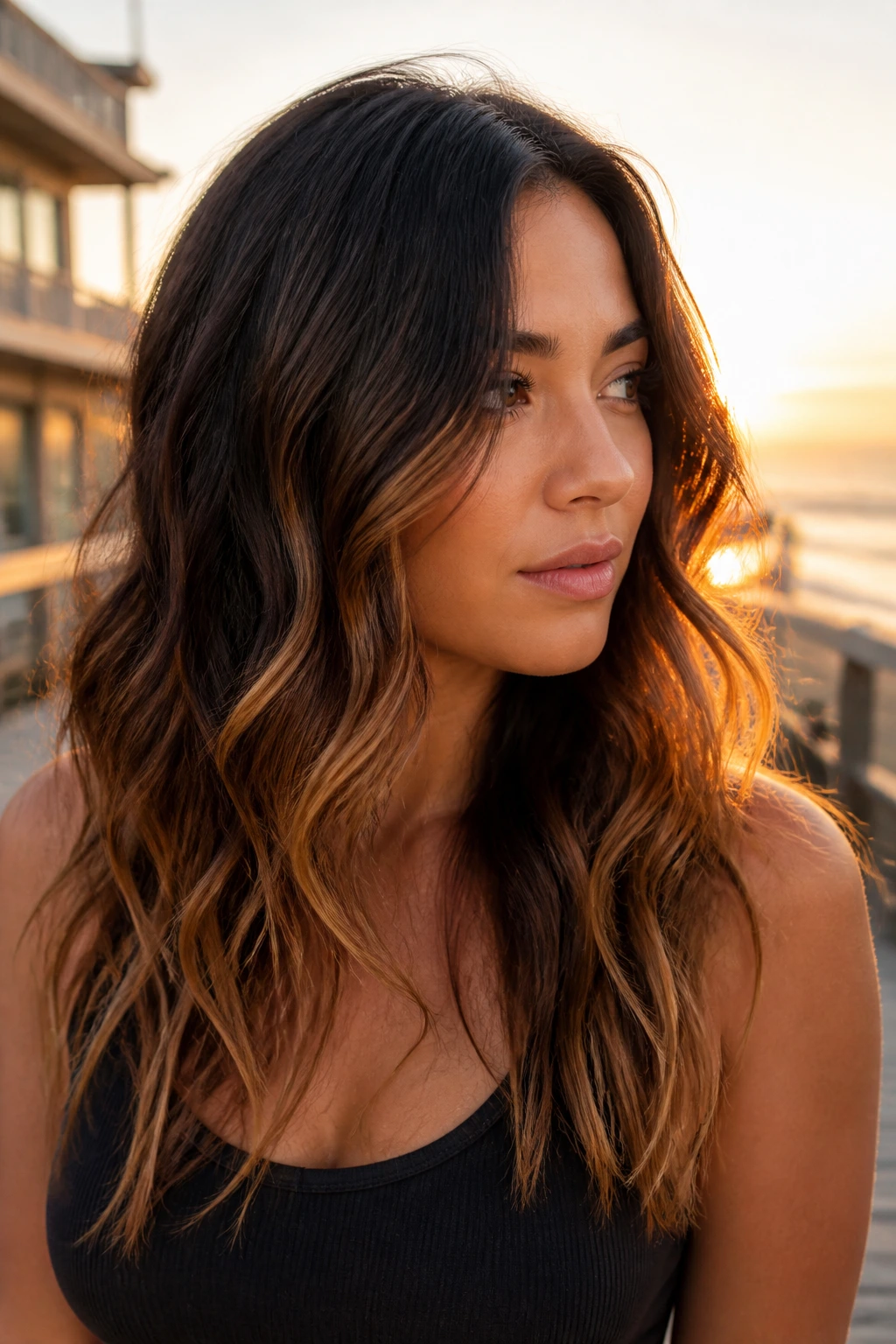 Portrait of a woman with cocoa base and sunlit caramel tips in soft beachy waves.