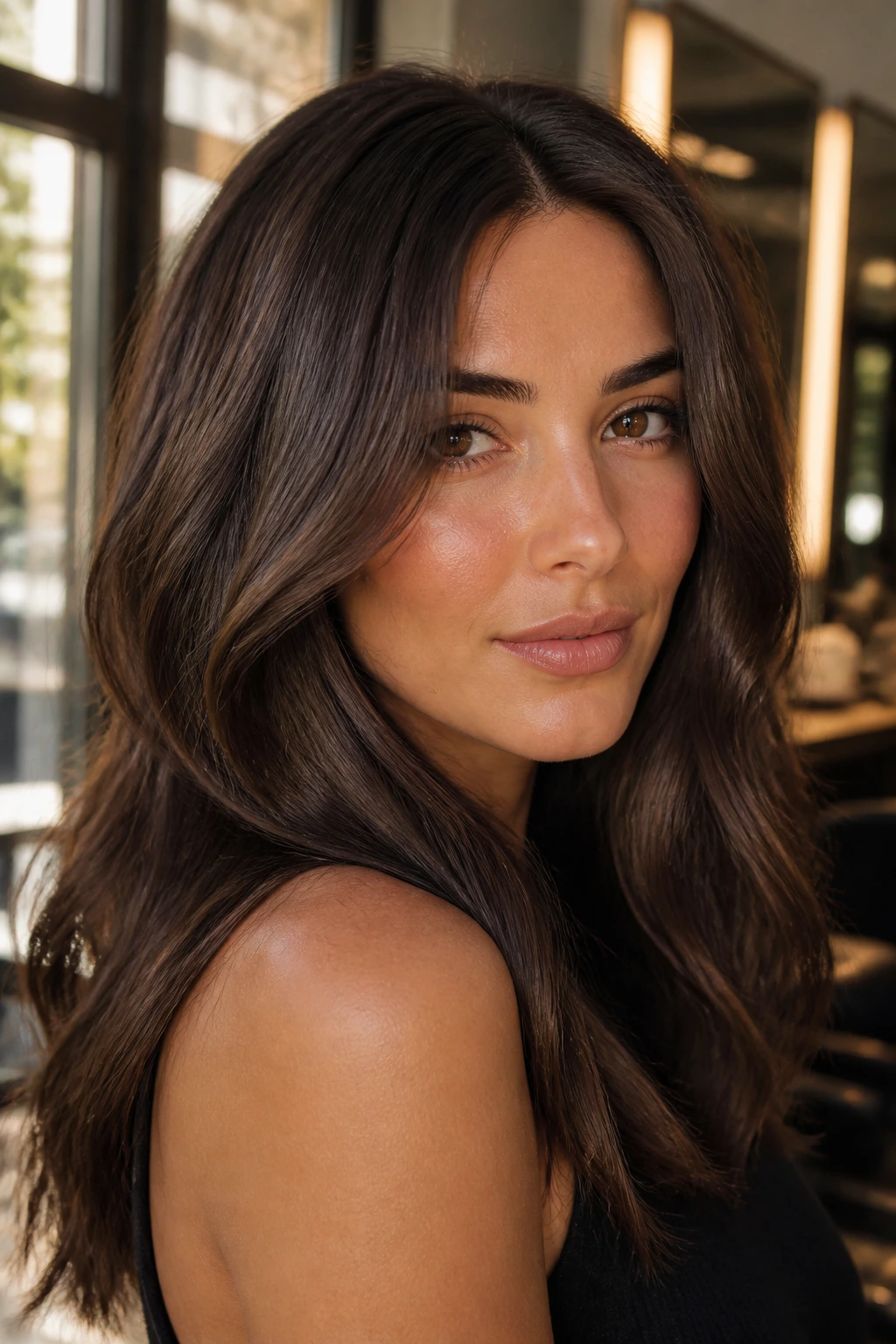 Close-up of real woman with cocoa bean brunette hair and glossy finish on olive skin