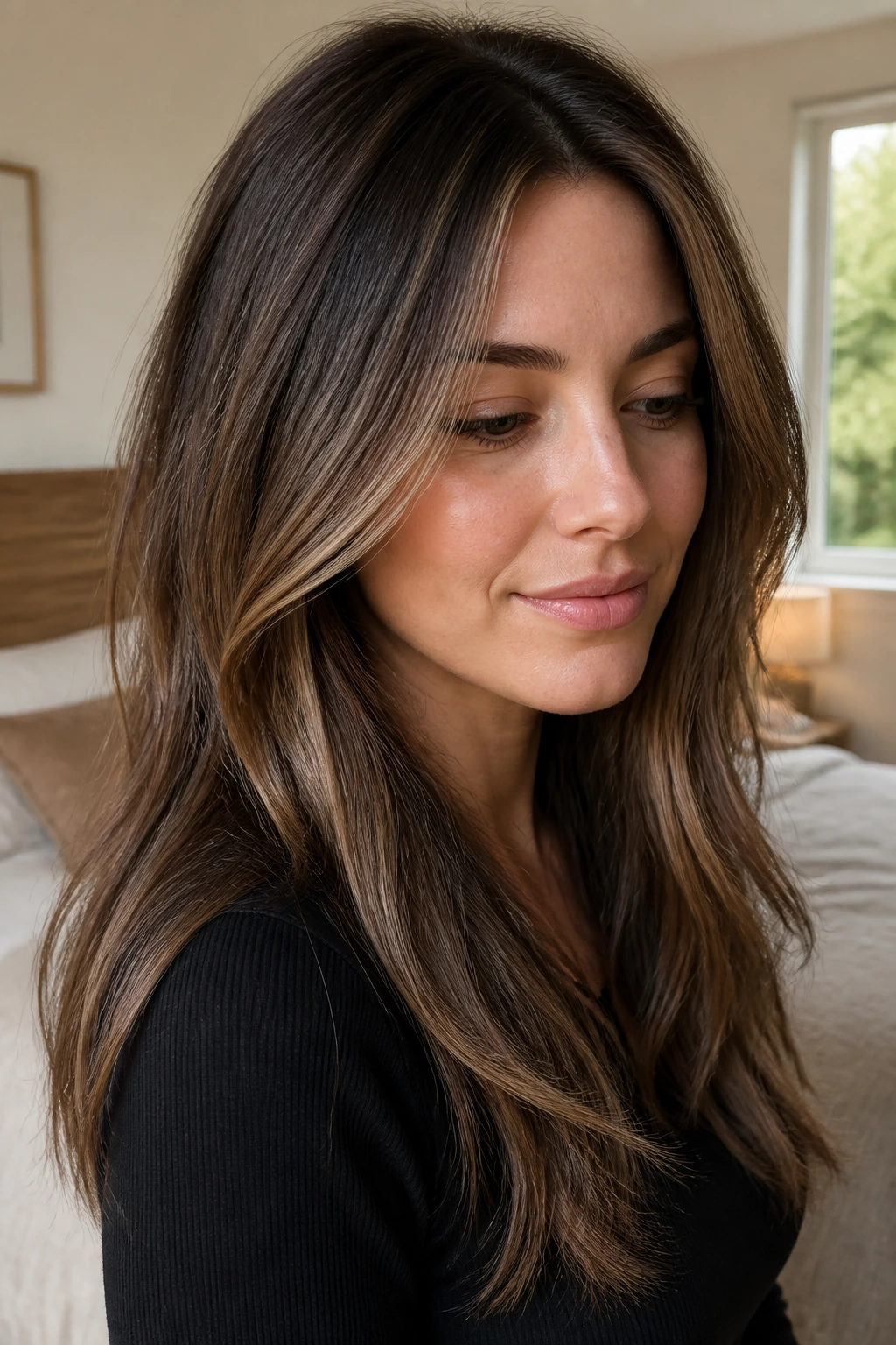 Close-up of Cocoa Beige Blend hair on a real model in a cozy bedroom with natural window light