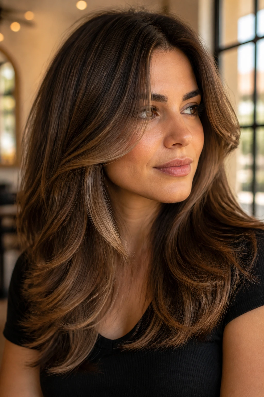 Close-up of a real woman with Cocoa Beige Bronde hair and soft layers.