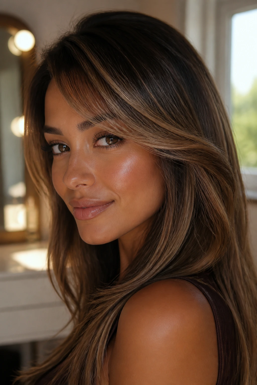 Real woman with cocoa and beige sweep highlighting on tan skin.