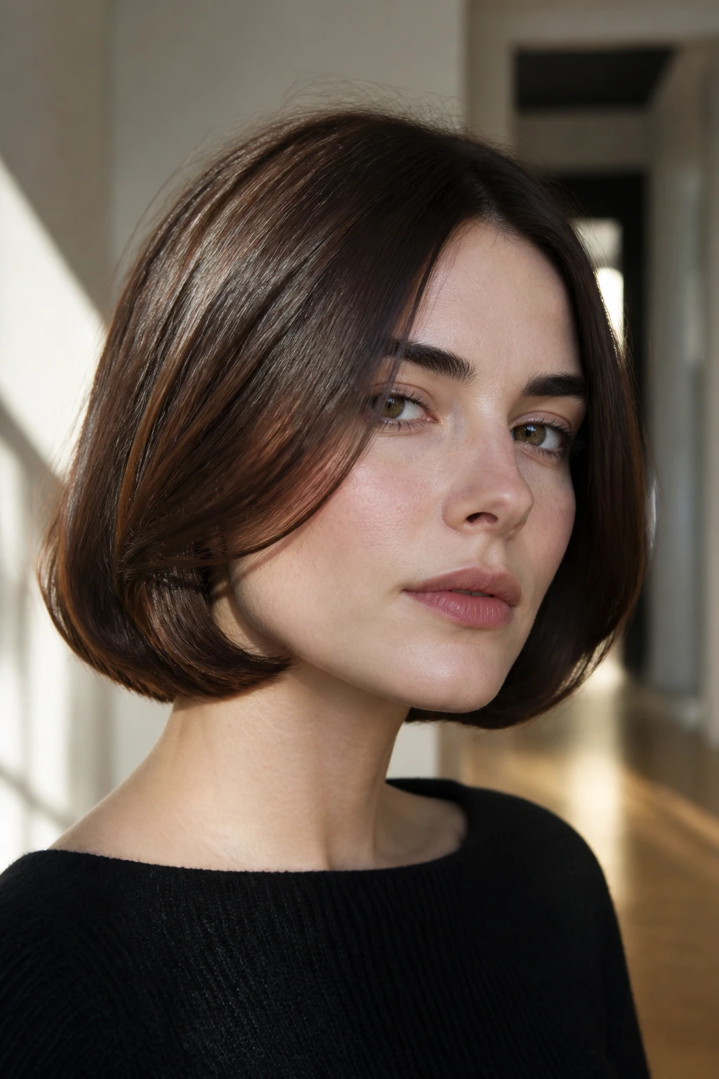 Close-up of a real woman with a cocoa bob and tucked ends.