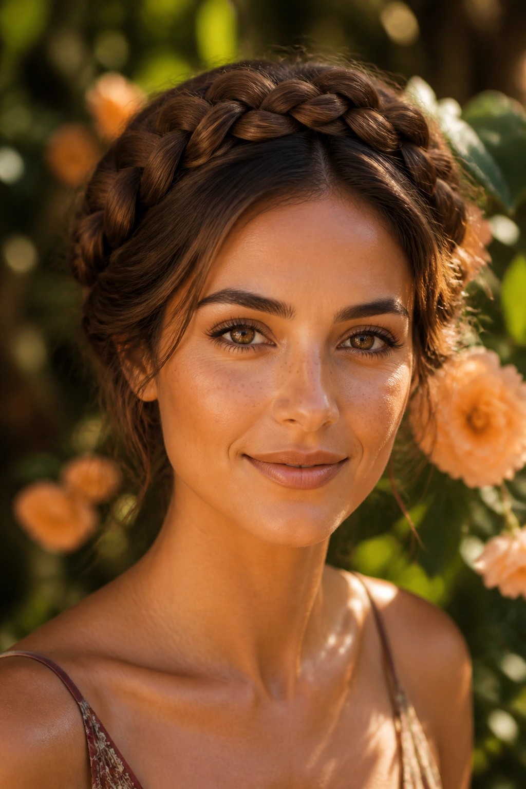 Close-up portrait of a real woman with cocoa braided crown hairstyle