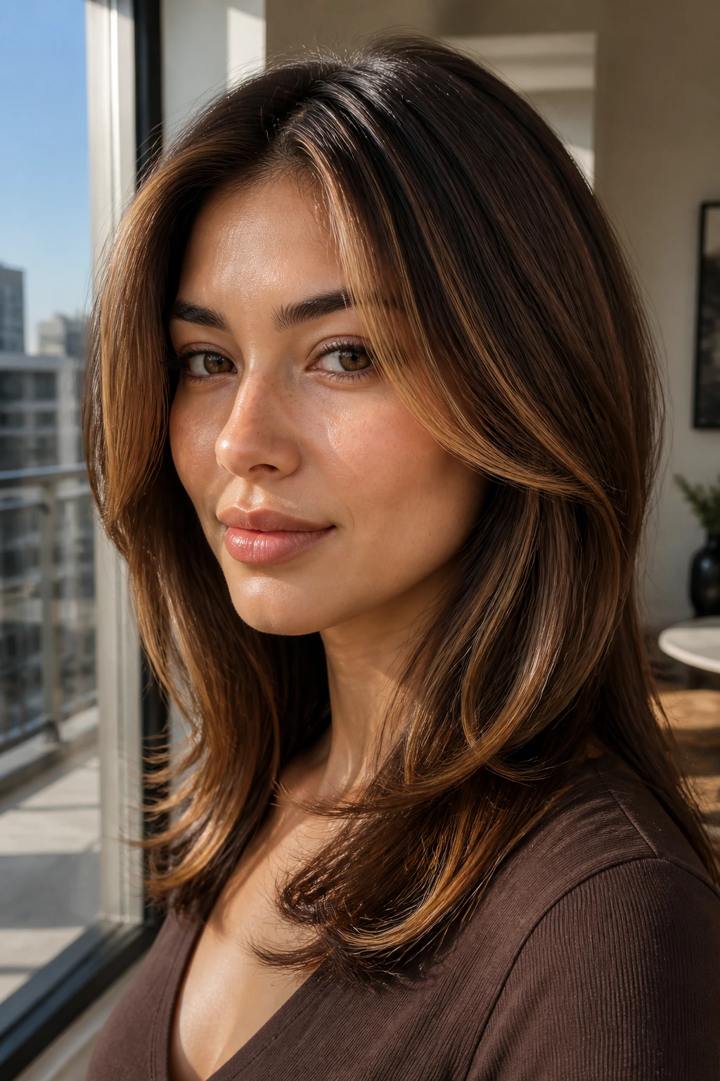 Close-up portrait of a real person with cocoa base and bronze ribbons creating dimension.