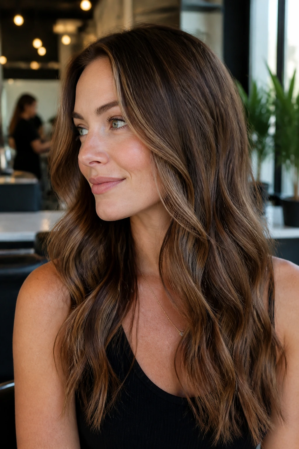 Close-up portrait of a person with cocoa brown hair and honey babylights