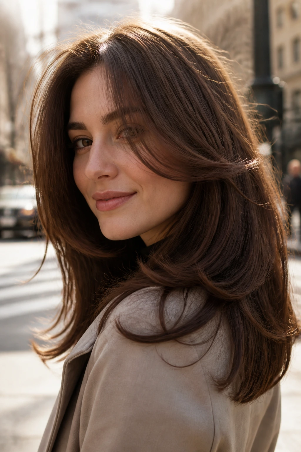 Close-up of cocoa brown hair with bouncy layers framing the face