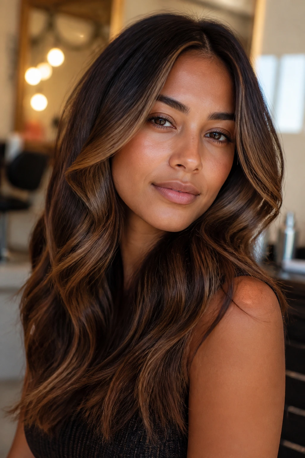 Close-up of cocoa brown hair with sun-kissed caramel panels framing the face on a real woman
