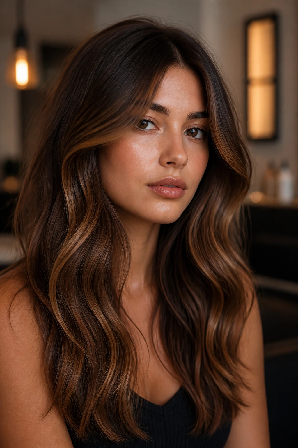 Close-up of a real woman with cocoa brown base and caramel waves