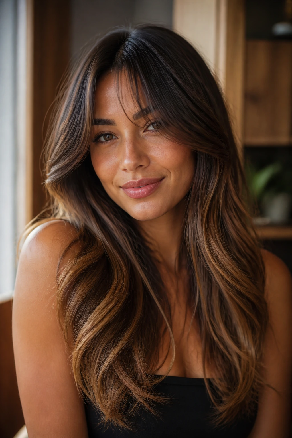 Close-up portrait of a real woman with cocoa-brown roots fading to bronze ends and long curtain bangs