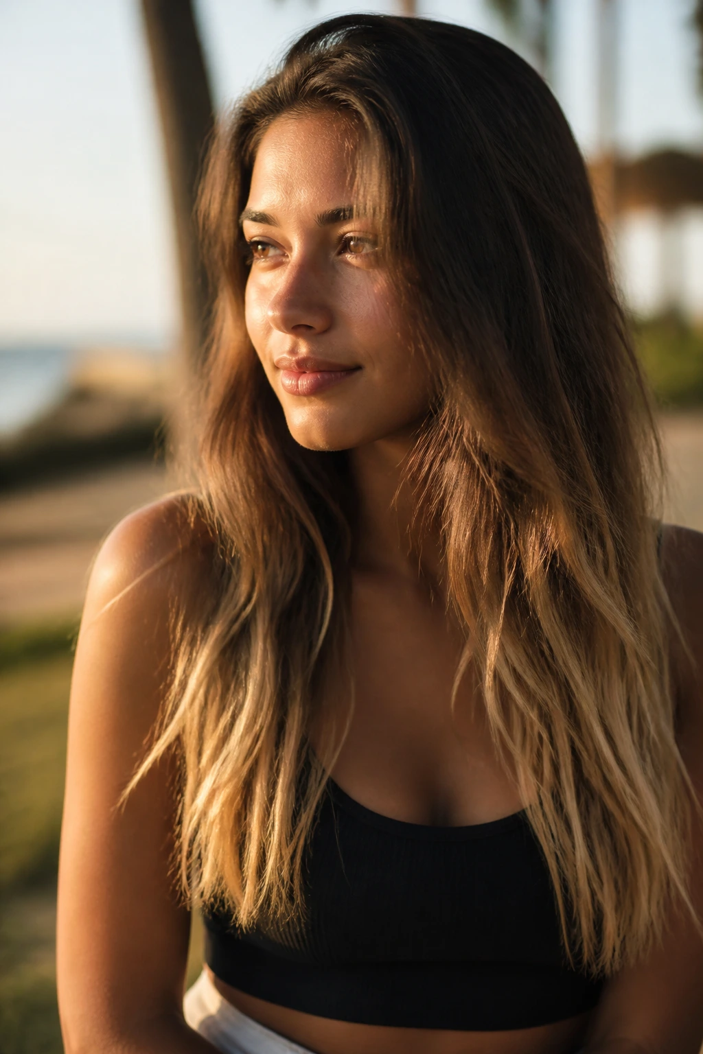 Close-up of cocoa brown roots with sandy blonde ends on a real person