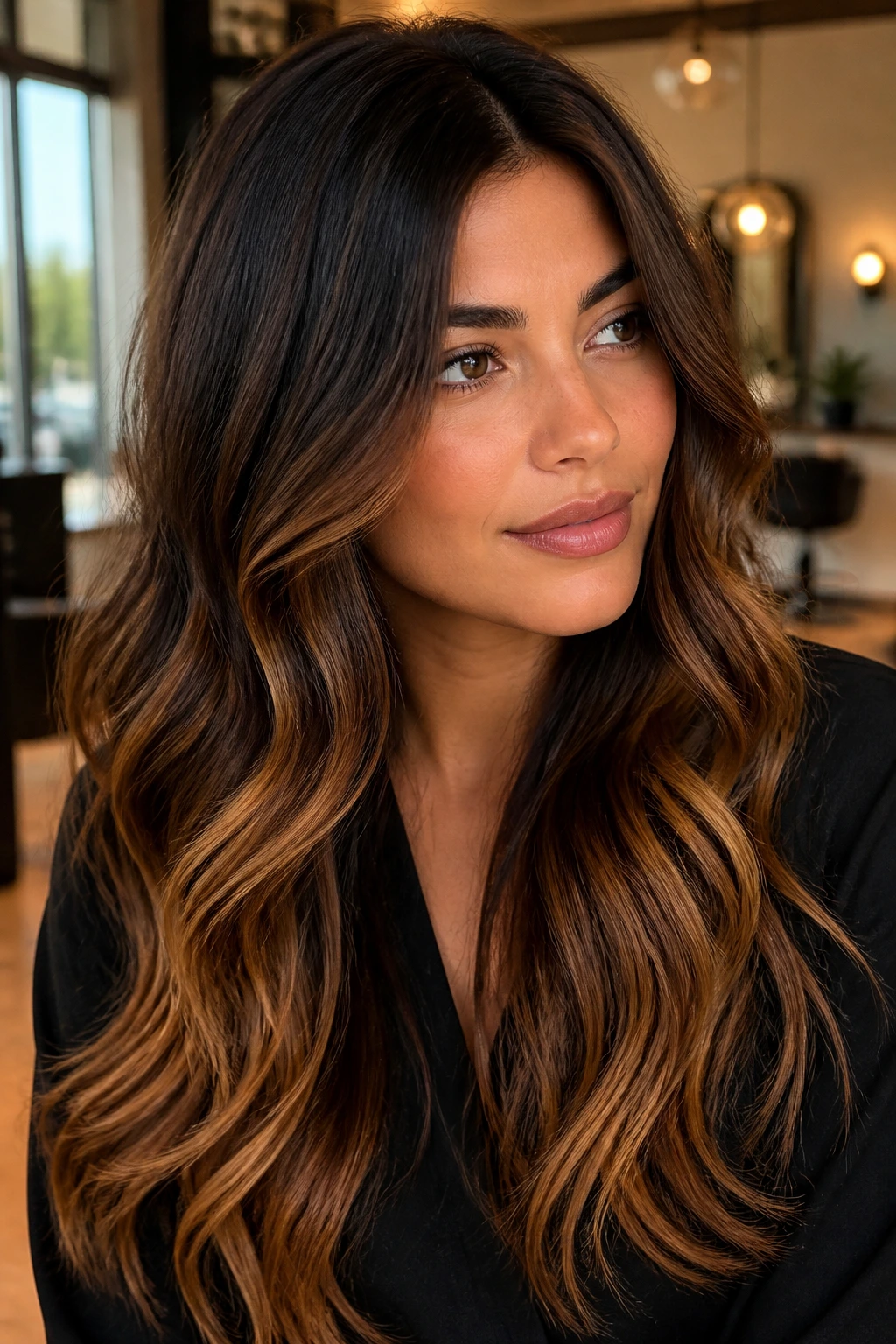 Close-up portrait of a woman with cocoa base and caramel ends in warm salon lighting.