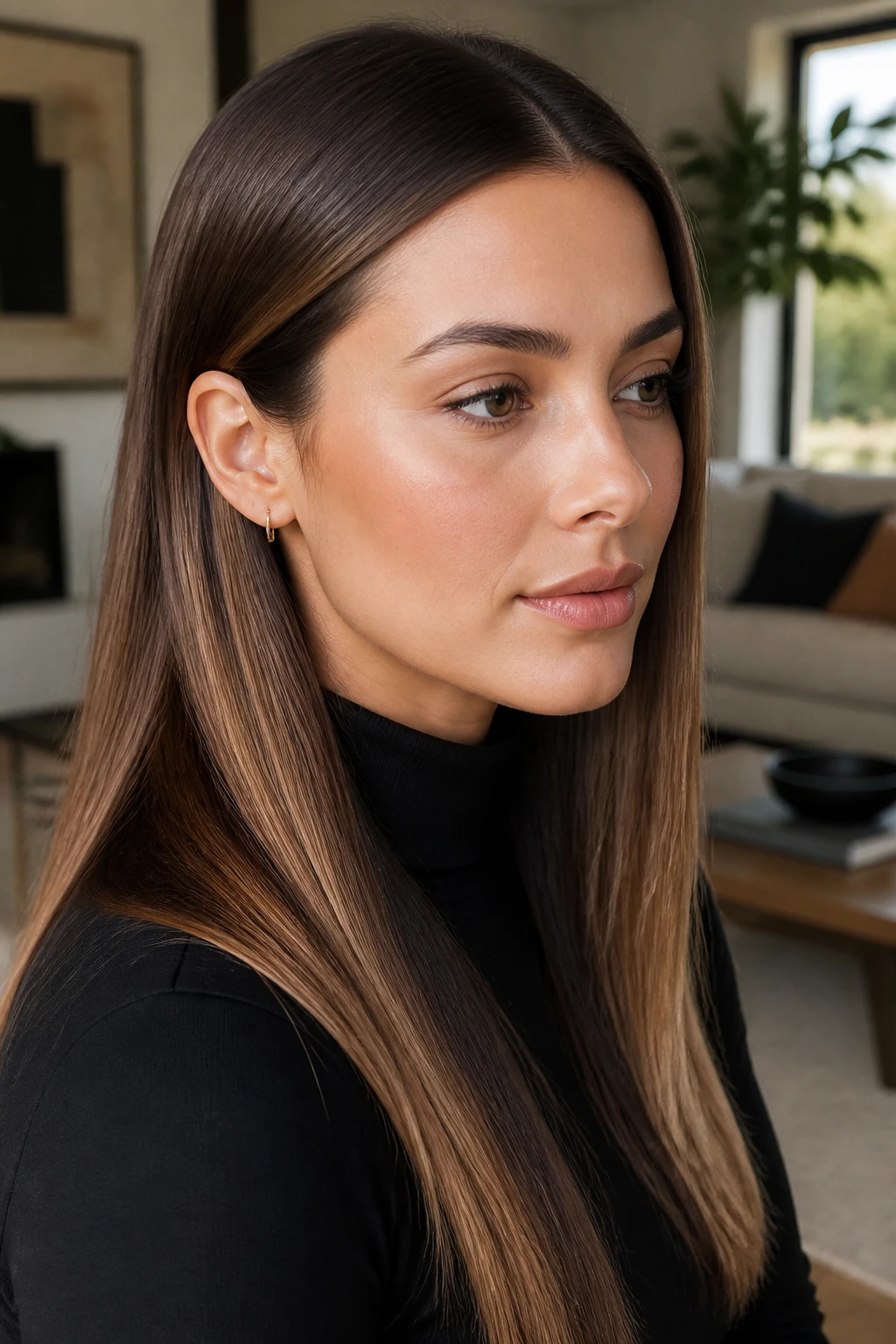 Real person with cocoa caramel melt on straight hair, smooth transition from root to ends