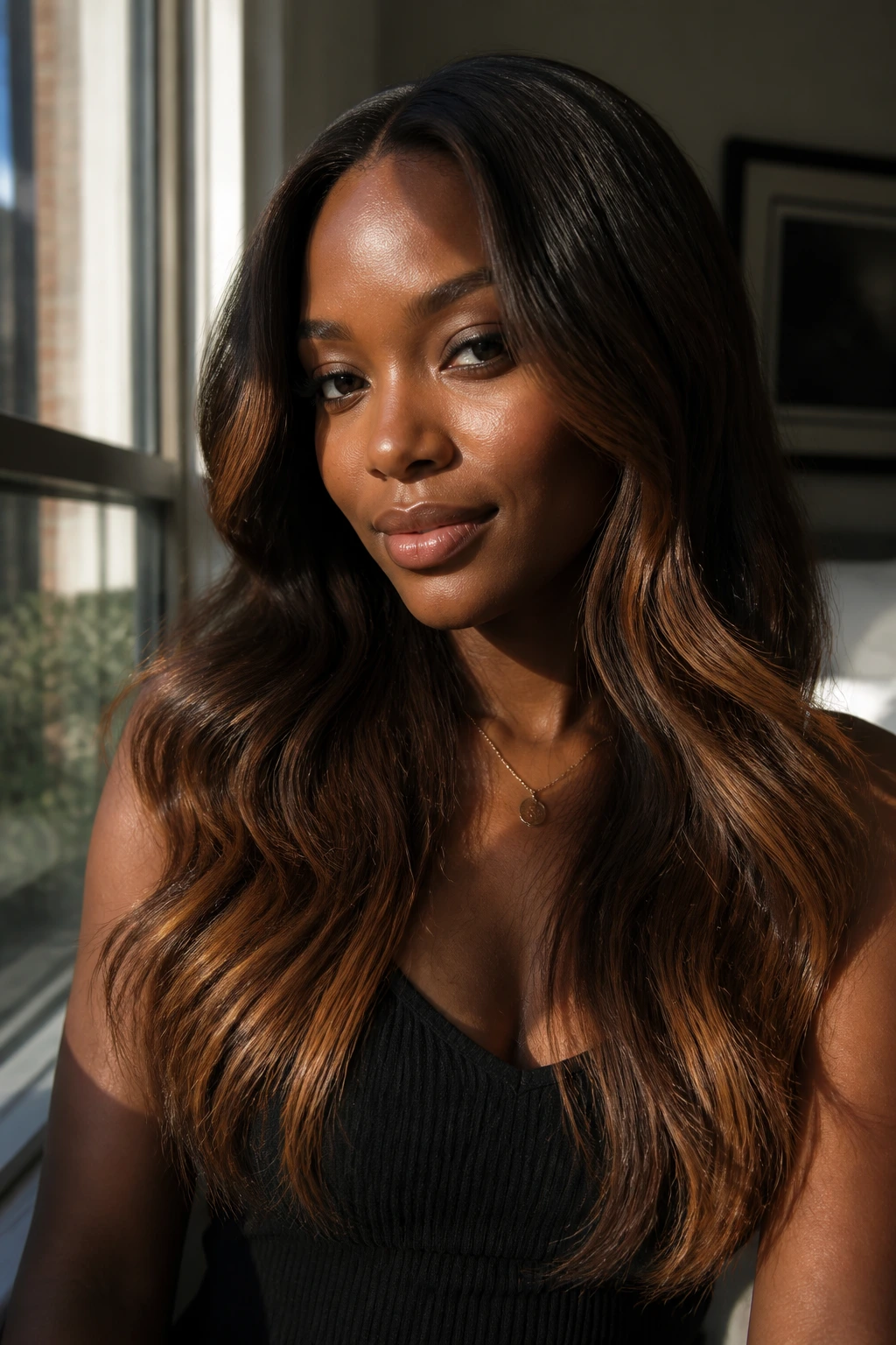 Portrait of a person with cocoa to caramel ombré hair