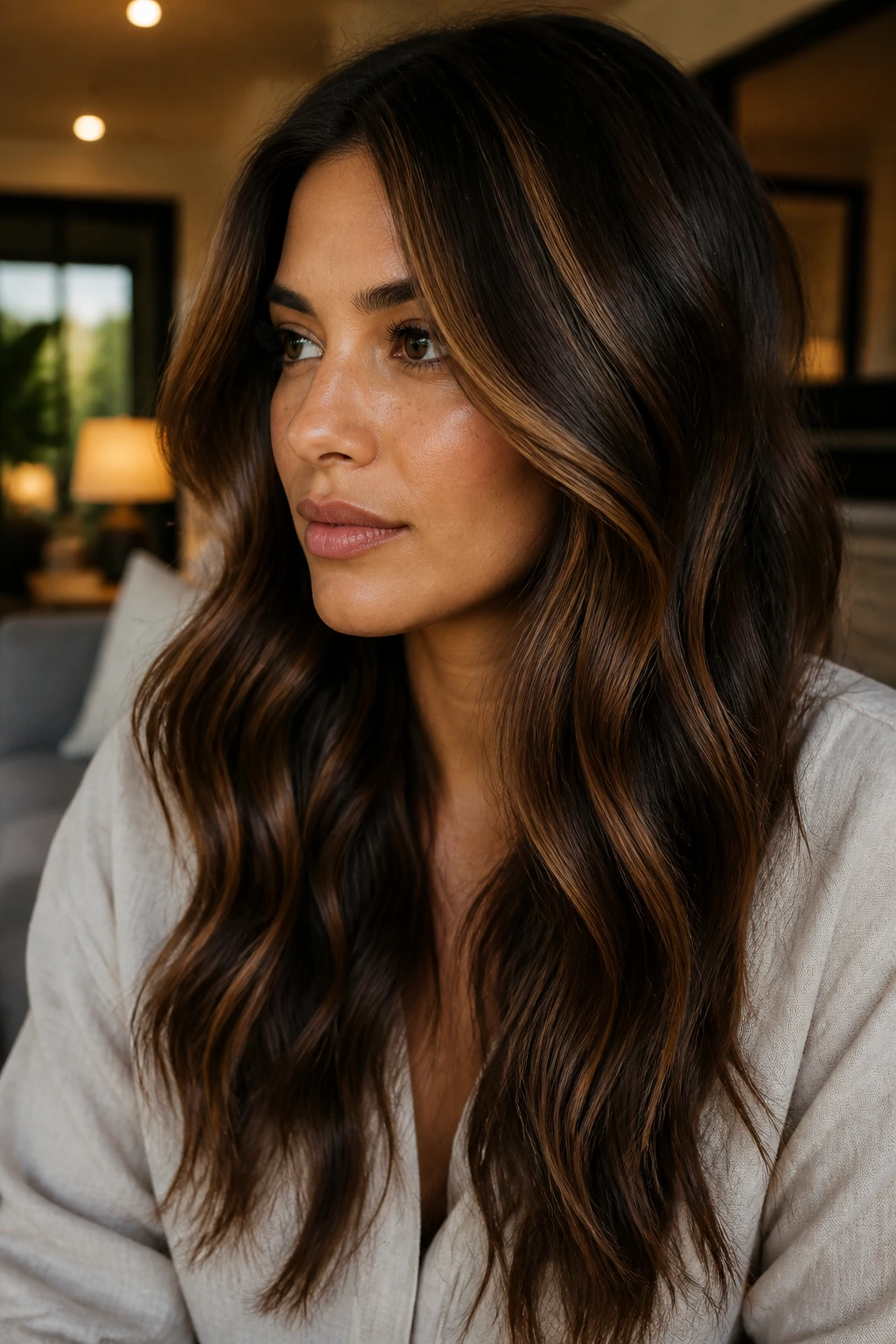 Close-up of cocoa chunky panels on brunette hair