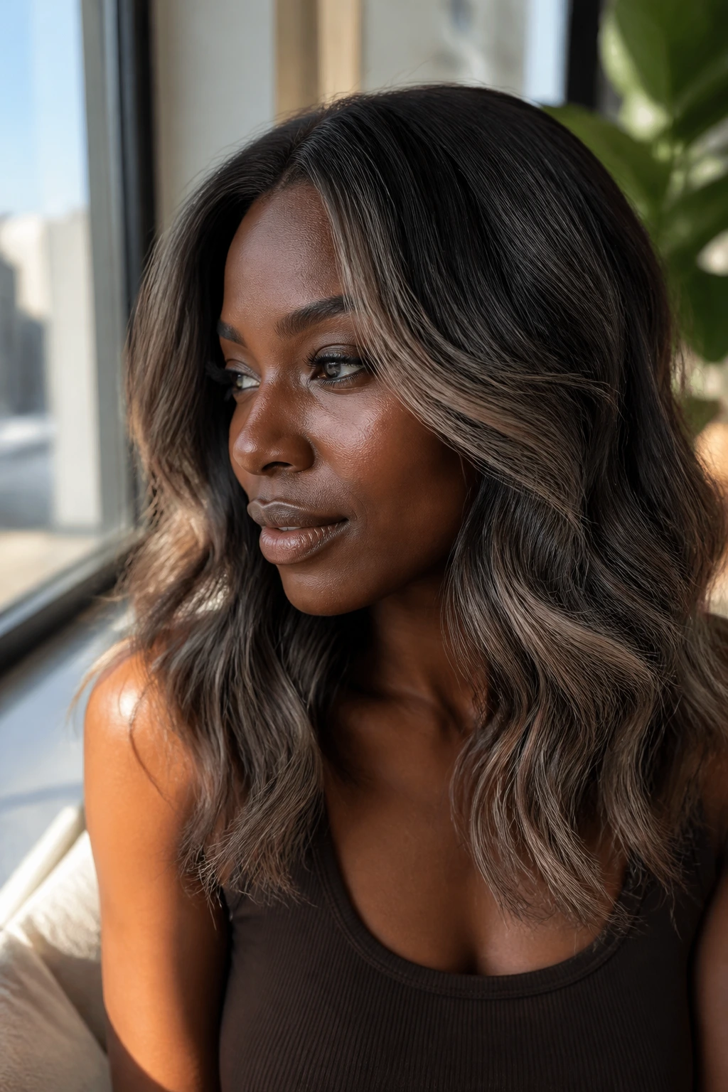 Close-up of a real person with cocoa cloud balayage and soft grey-brown highlights