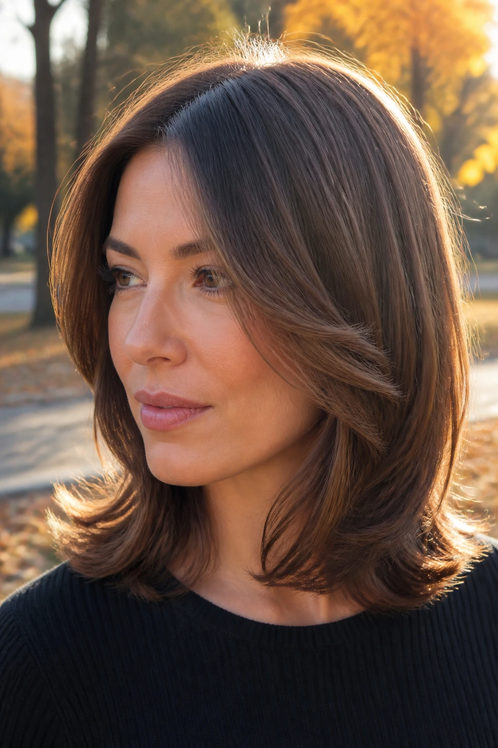 Close-up of cocoa brown collarbone-length hair with a flip at the ends