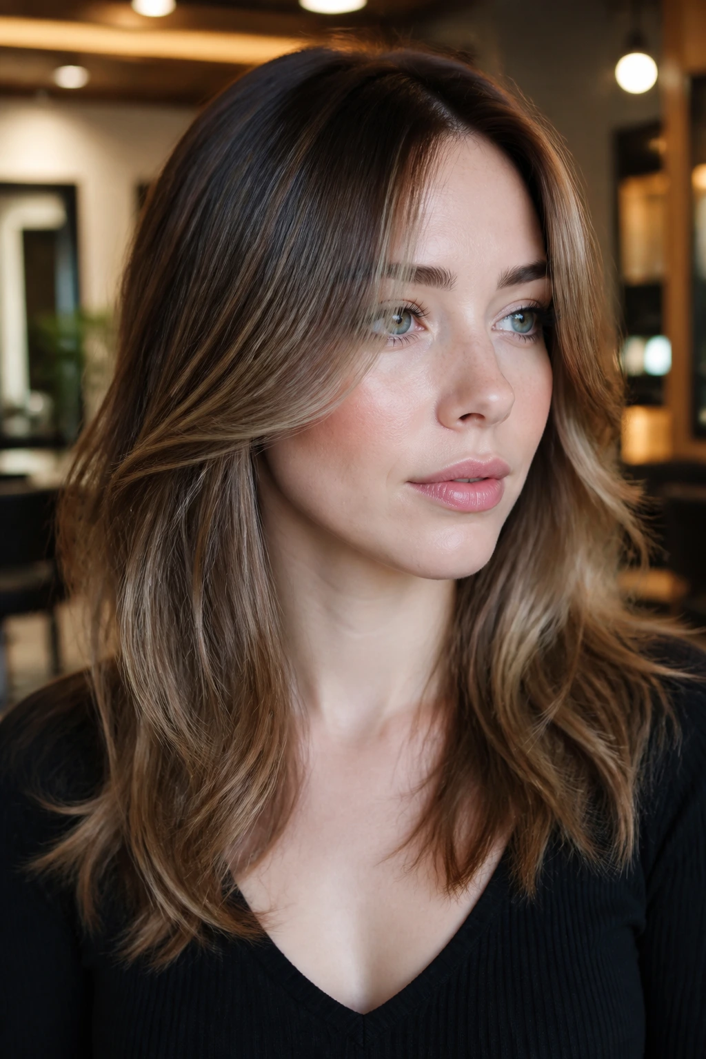 Close-up of cocoa contour lights framing temples and cheekbones on pale skin